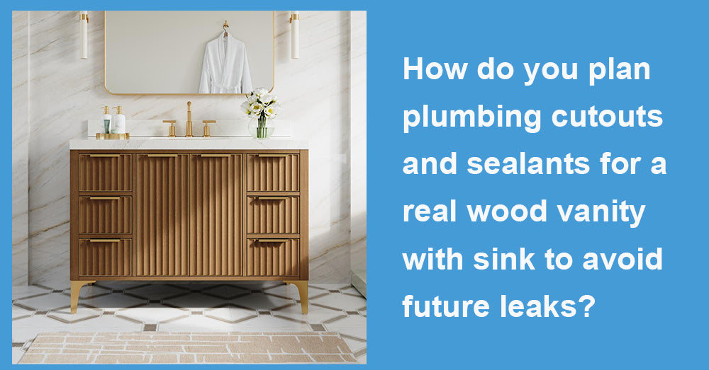 How do you plan plumbing cutouts and sealants for a real wood vanity with sink to avoid future leaks?