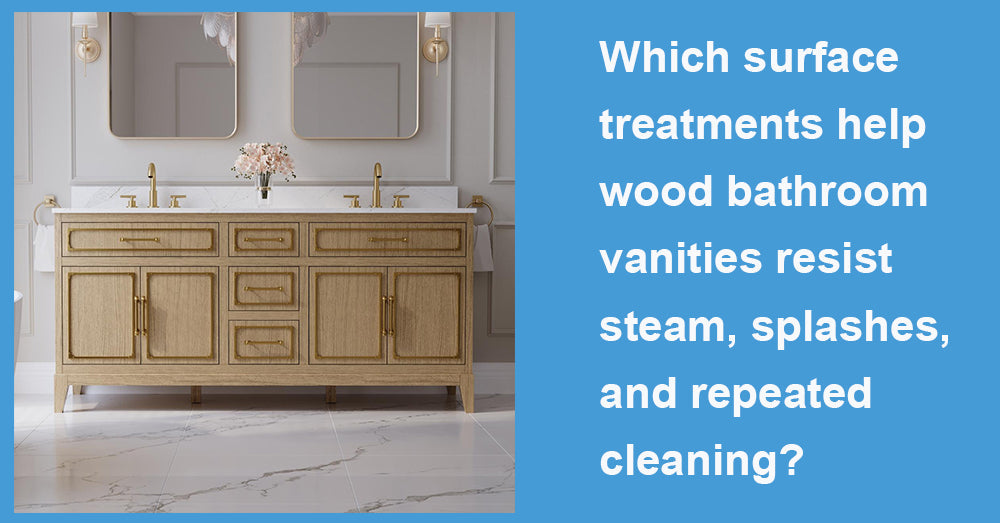 Which surface treatments help wood bathroom vanities resist steam, splashes, and repeated cleaning?