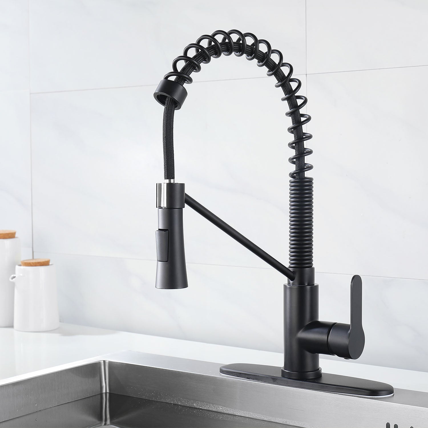 Matte Black Single Handle Kitchen Faucet with Soap Dispenser and Pull Down Sprayer