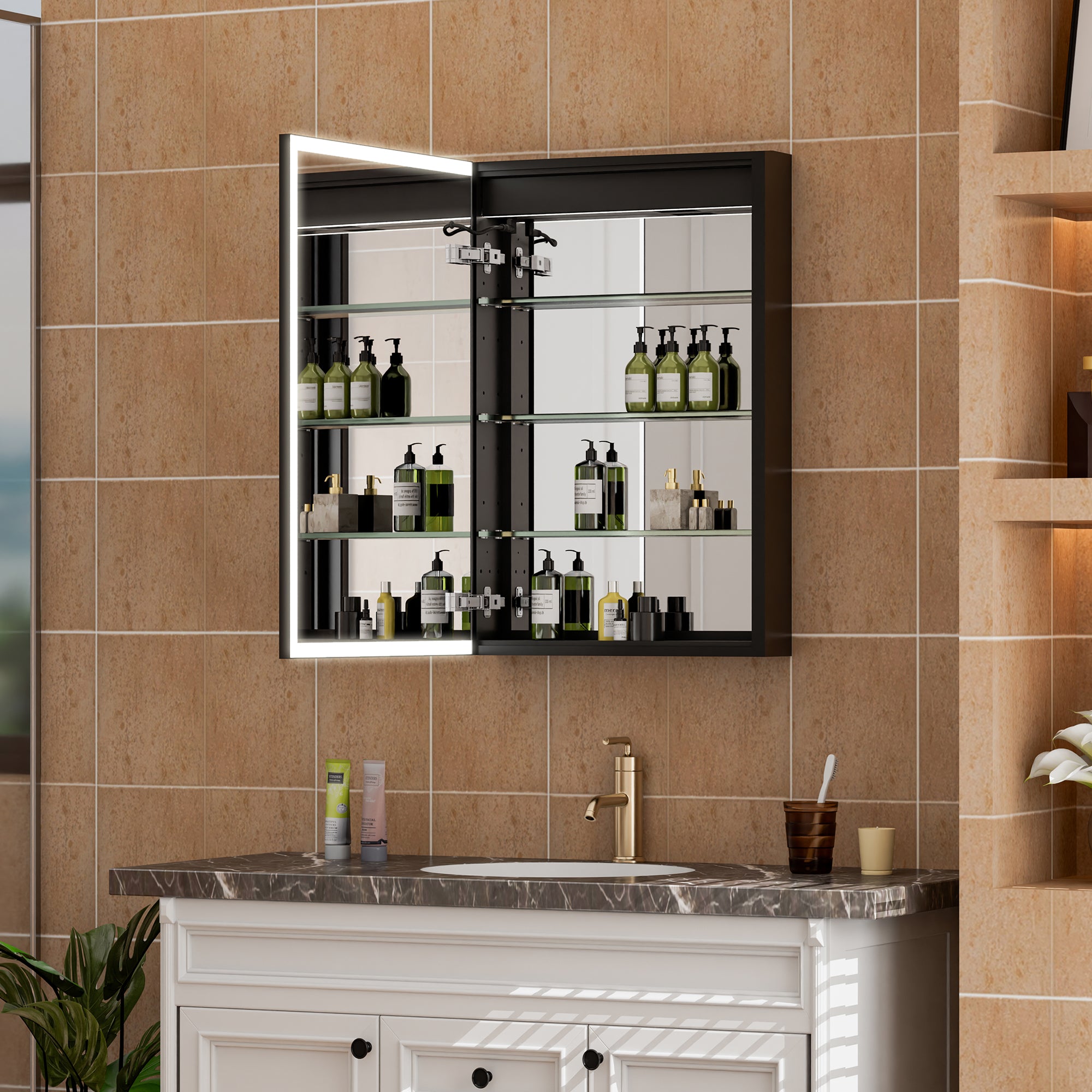 2-Pack 20 in. x 30 in. Black Aluminum Medicine Cabinet with Mirror and LED Light, Left+Right