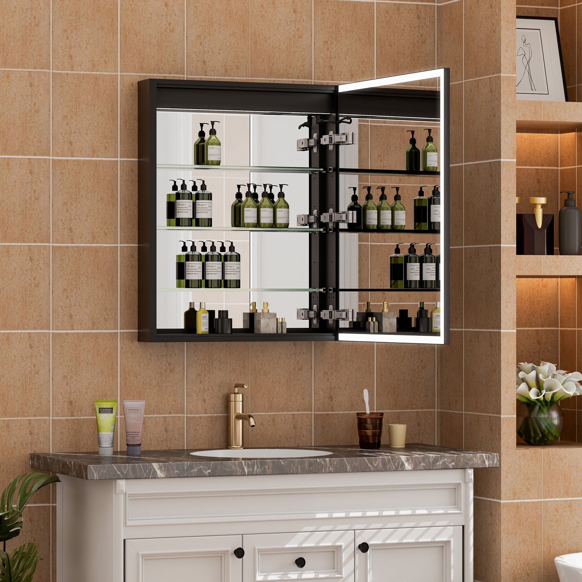 2-Pack 24 in. x 30 in. Black Aluminum LED Medicine Cabinet with Mirror, Left+Right