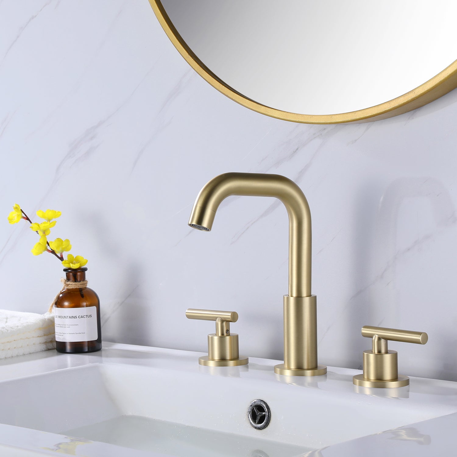 Two Handle Deck Mounted Bathroom Sink Faucet With 360-Degree Swivel Spout
