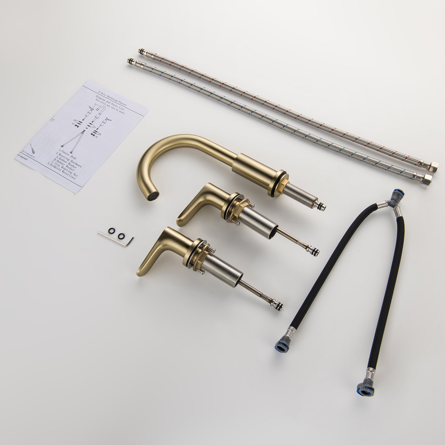 304 Stainless Steel Bathroom Sink Faucet 3 Hole Widespread With Valve