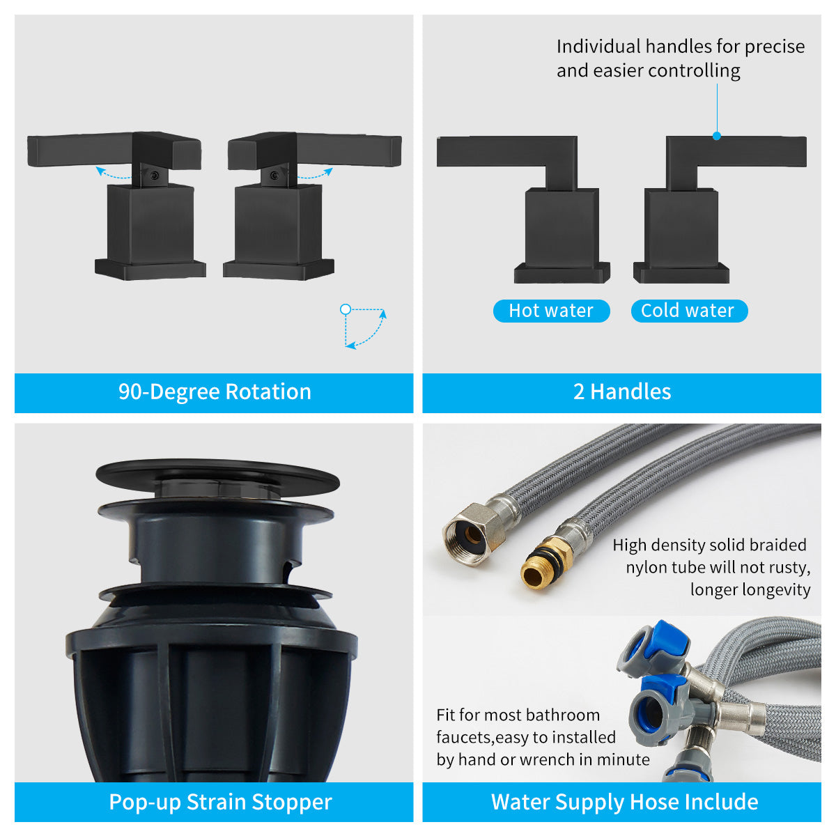 Matte Black 8 Inch Widespread Bathroom Faucet 2 Handle with Pop Up Drain