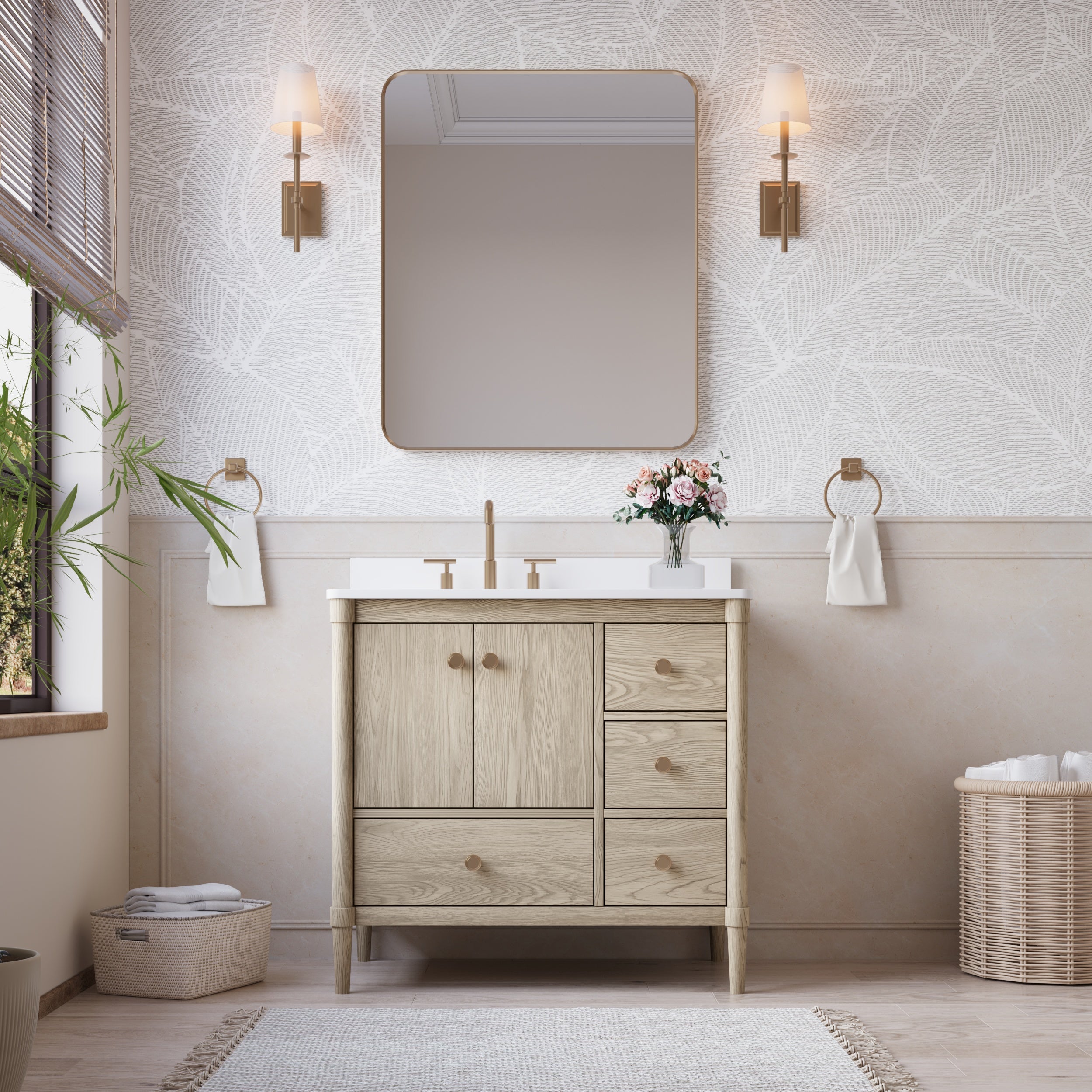 36-Inch Freestanding Oak Bathroom Vanity with Single Carrara White Quartz Top Sink