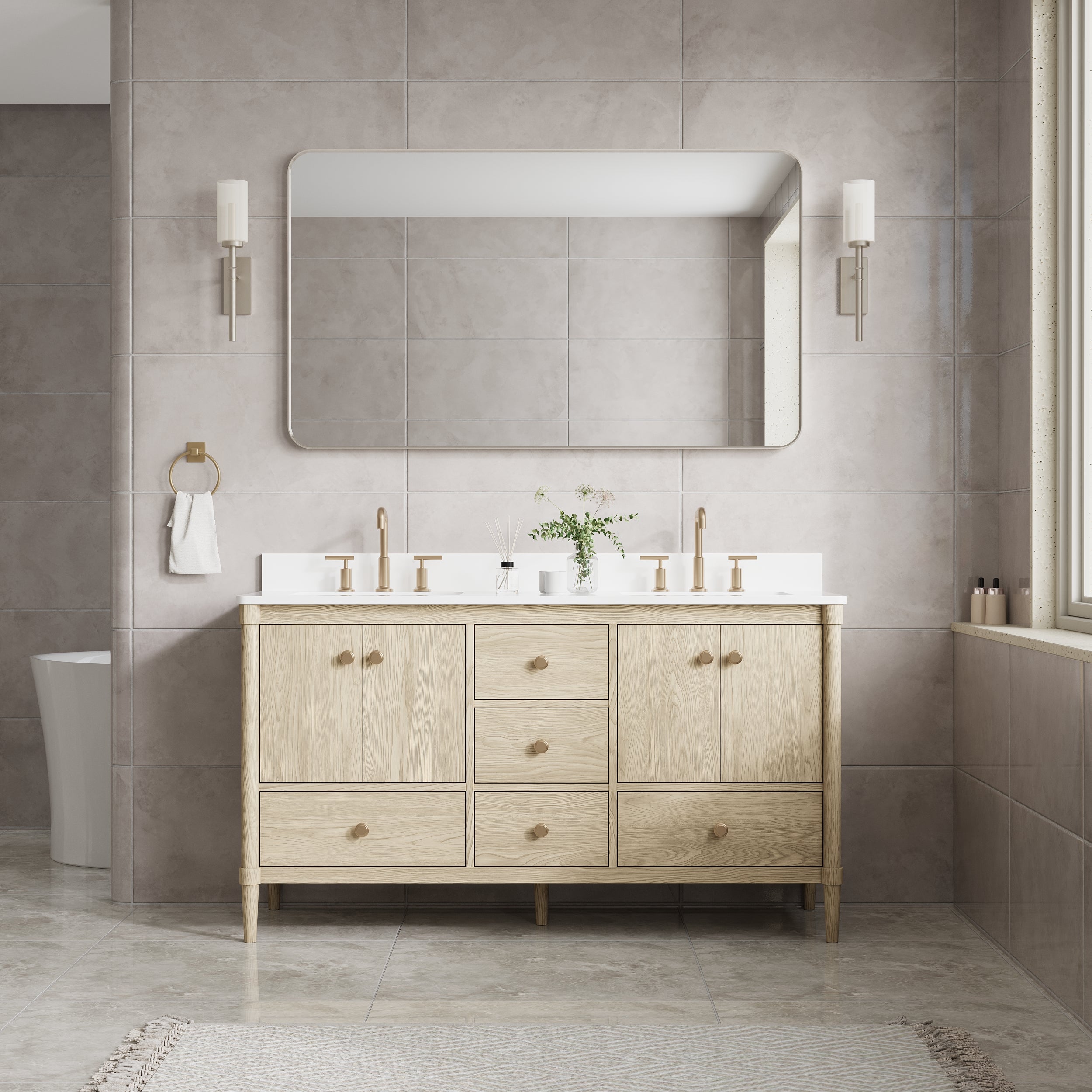 55-in W x 32-in H Brushed Nickel Rectangular Framed Bathroom Vanity Mirror