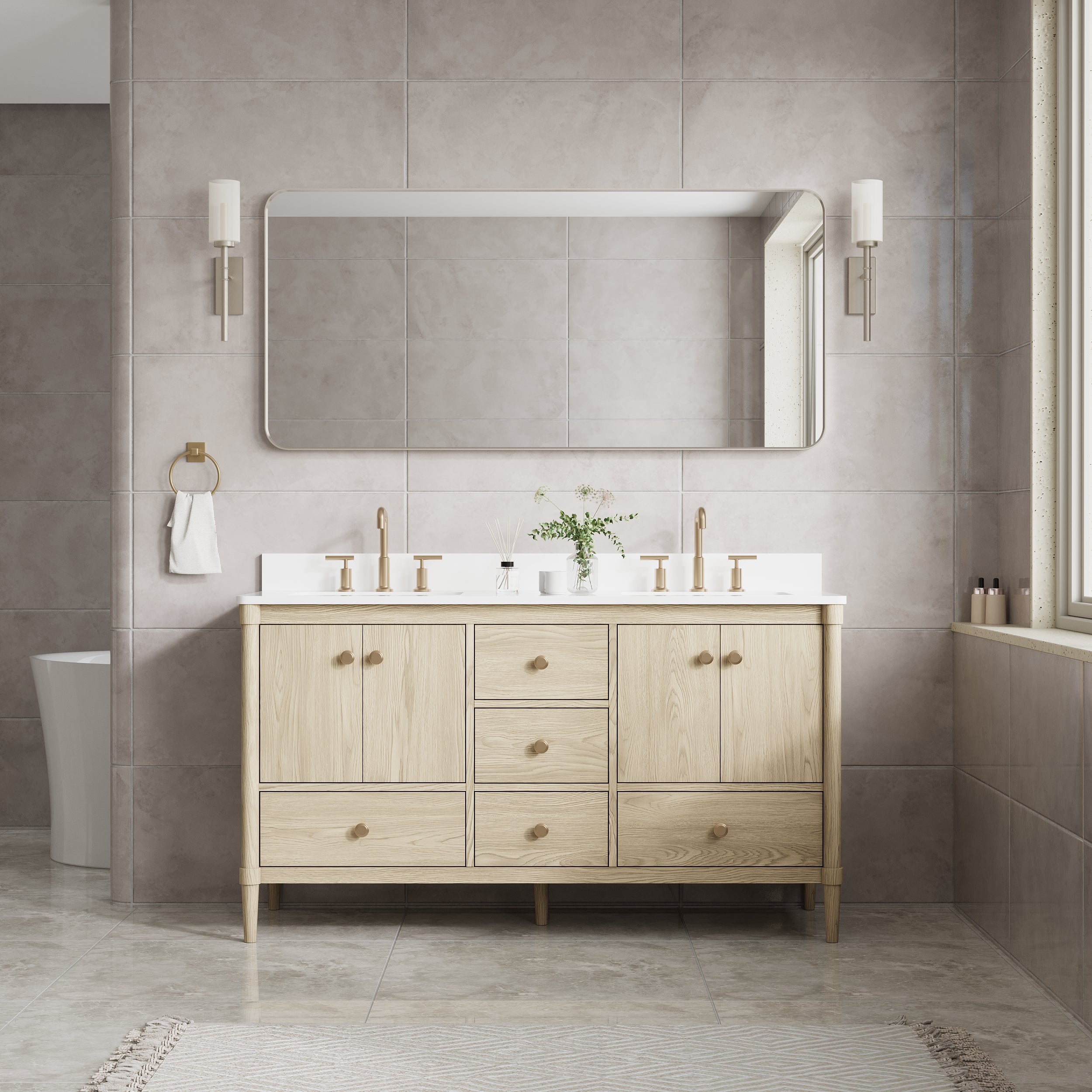 60-in W x 28-in H Brushed Nickel Rectangular Framed Bathroom Vanity Mirror