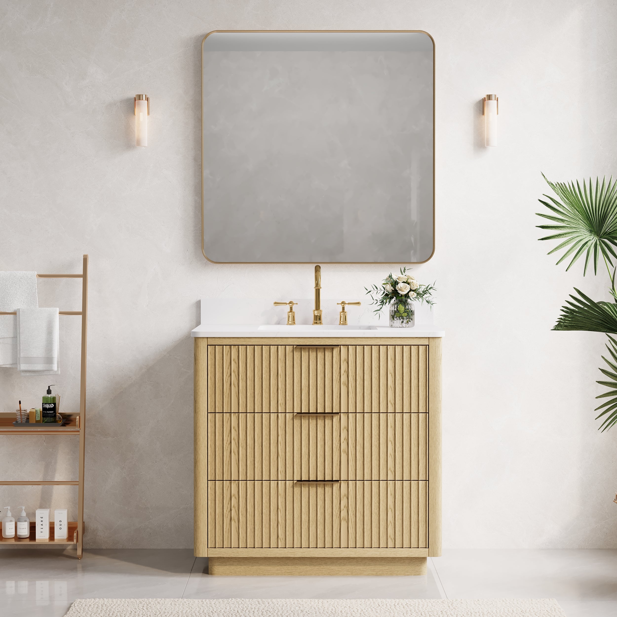 36 in. Oak Freestanding Solid Wood Bathroom Vanity with Carrara White Quartz Countertop