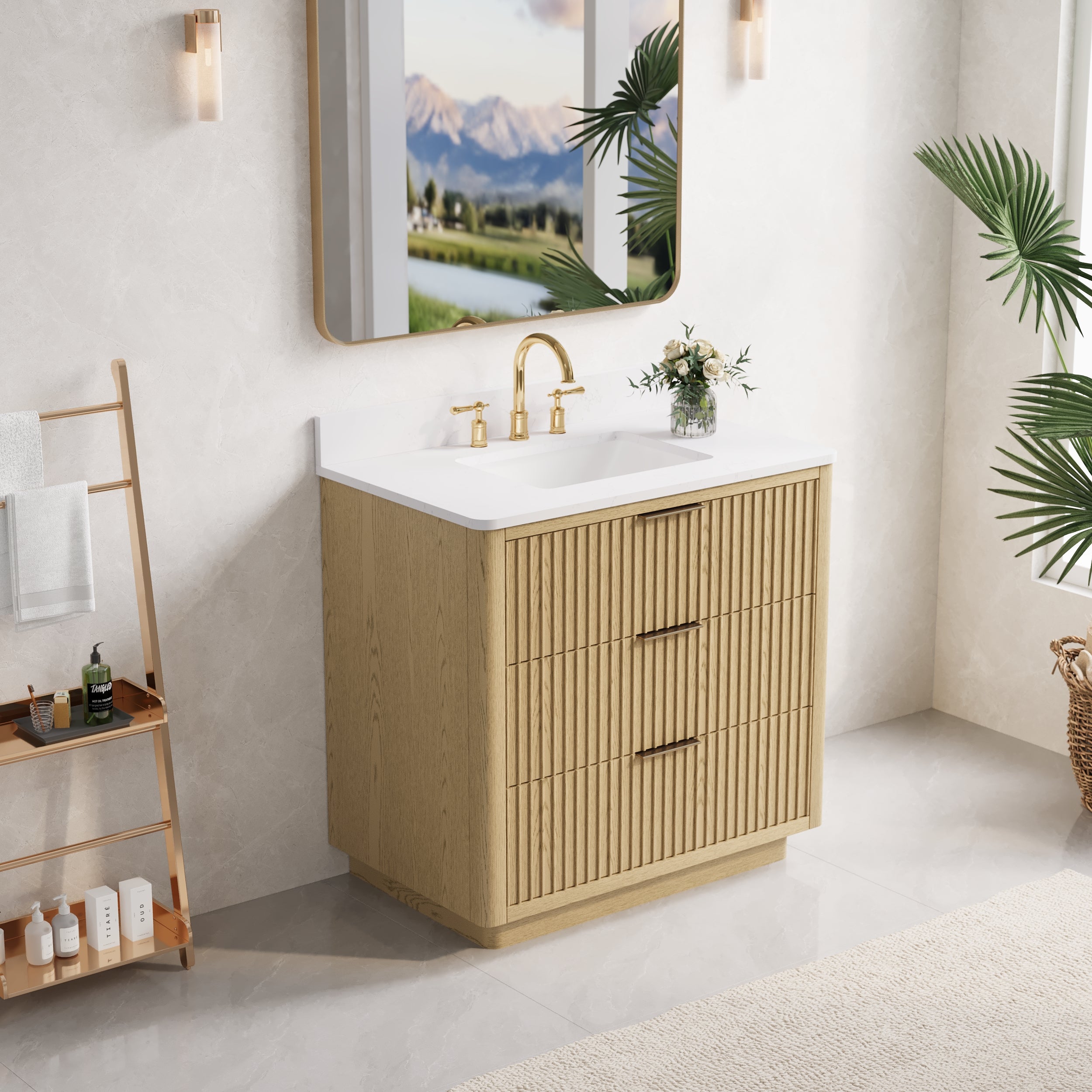 36 in. Oak Freestanding Solid Wood Bathroom Vanity with Carrara White Quartz Countertop