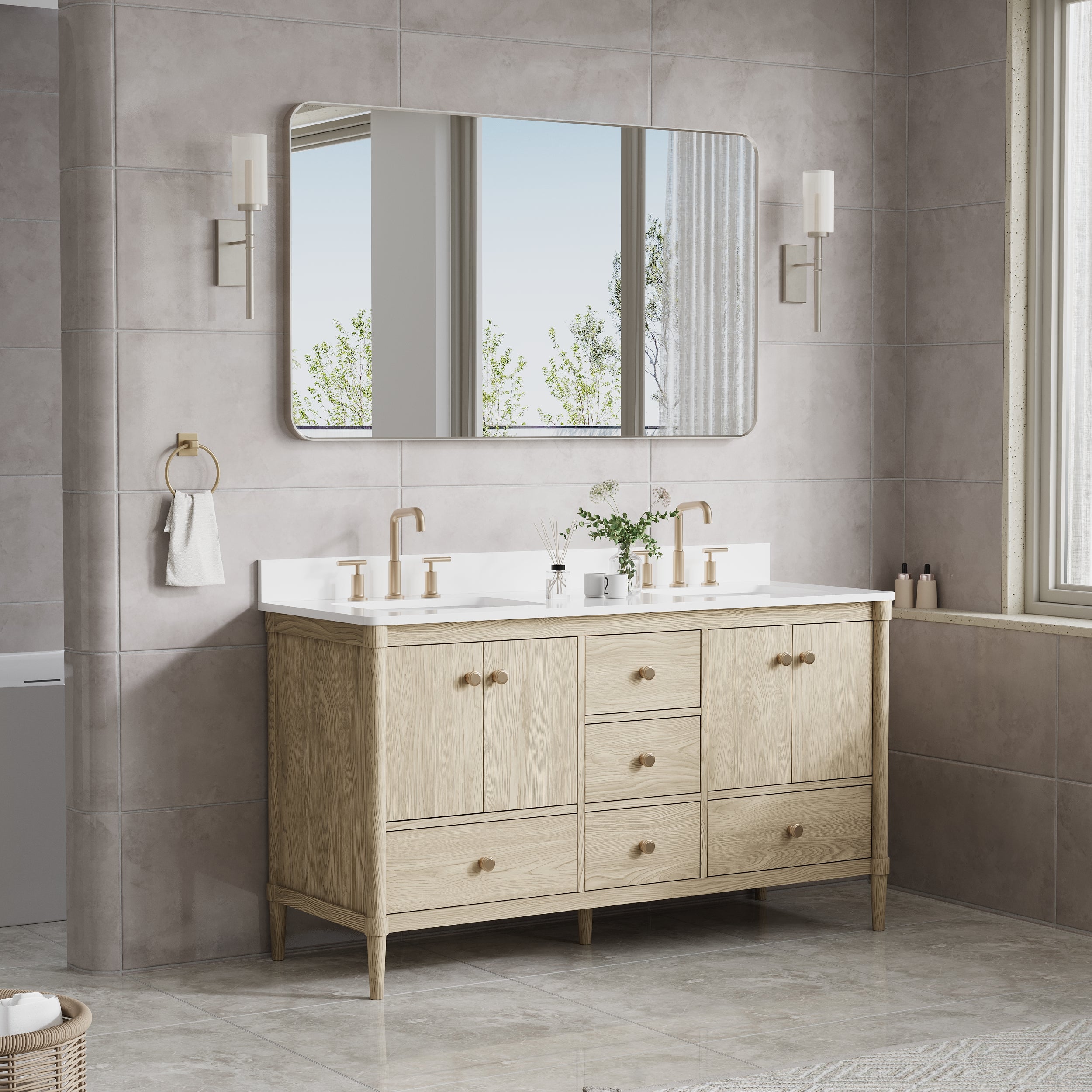 55-in W x 32-in H Brushed Nickel Rectangular Framed Bathroom Vanity Mirror