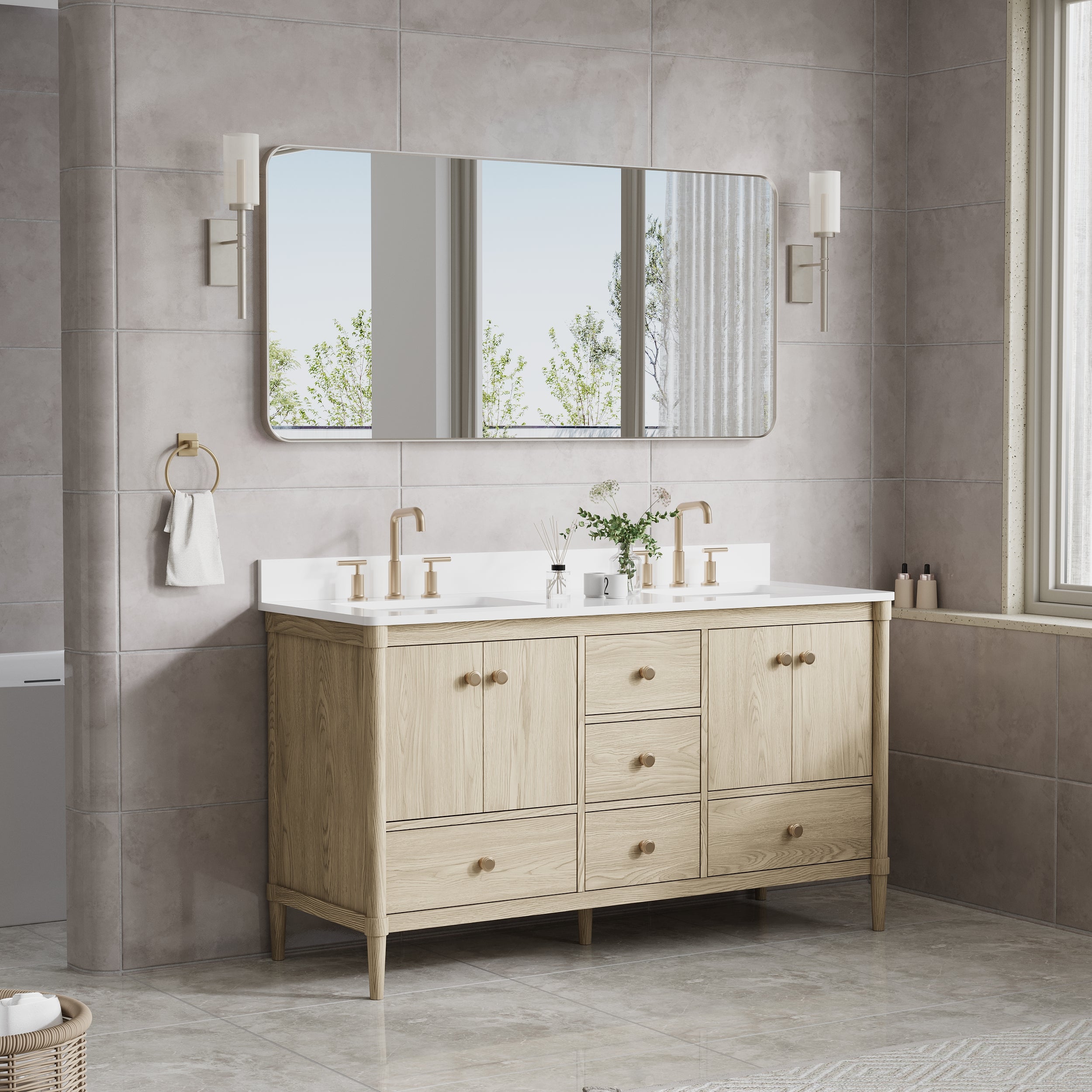 60-in W x 28-in H Brushed Nickel Rectangular Framed Bathroom Vanity Mirror