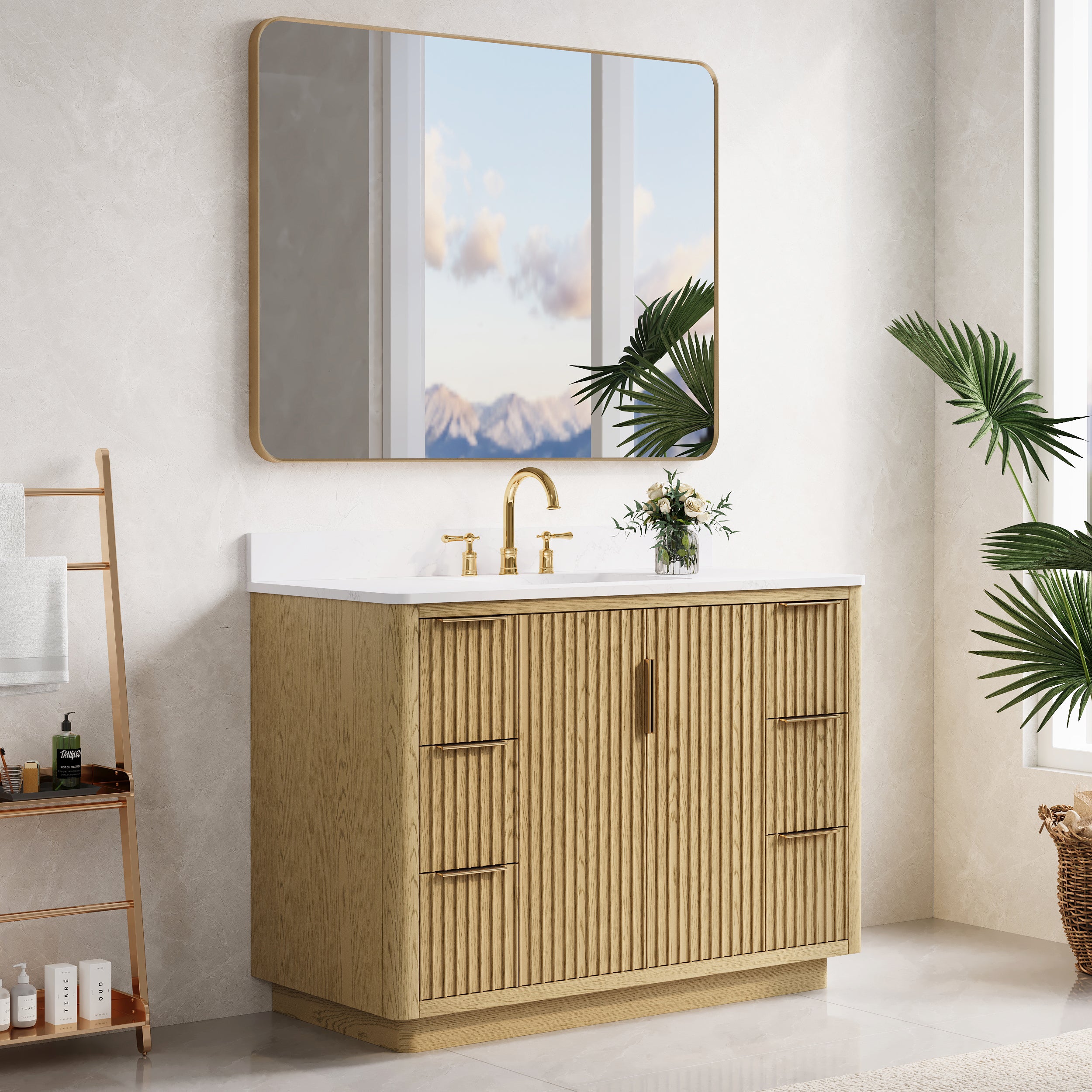 48 in. Oak Freestanding Solid Wood Bathroom Vanity with Carrara White Quartz Countertop