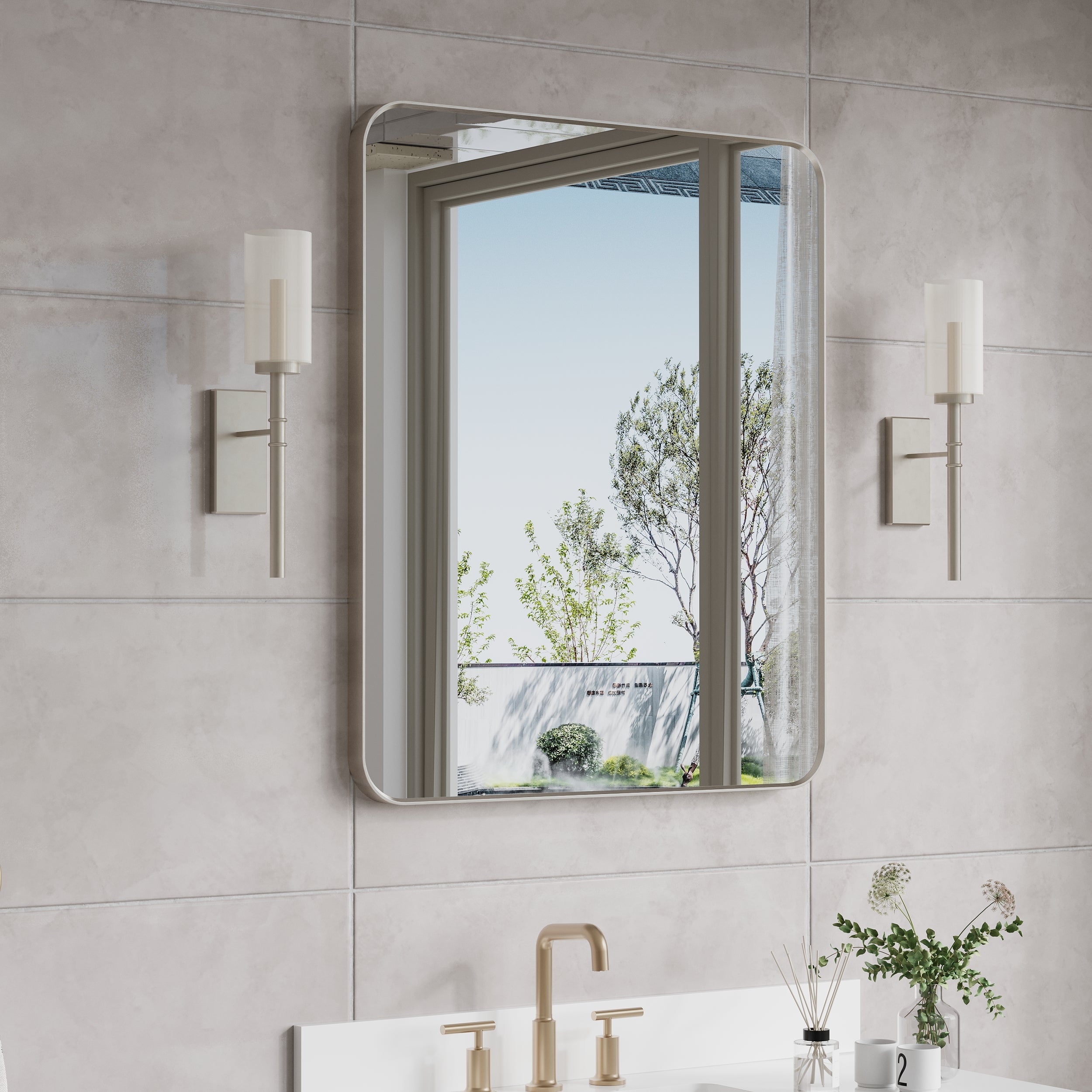 30-in W x 36-in H Brushed Nickel Rectangular Framed Bathroom Vanity Mirror