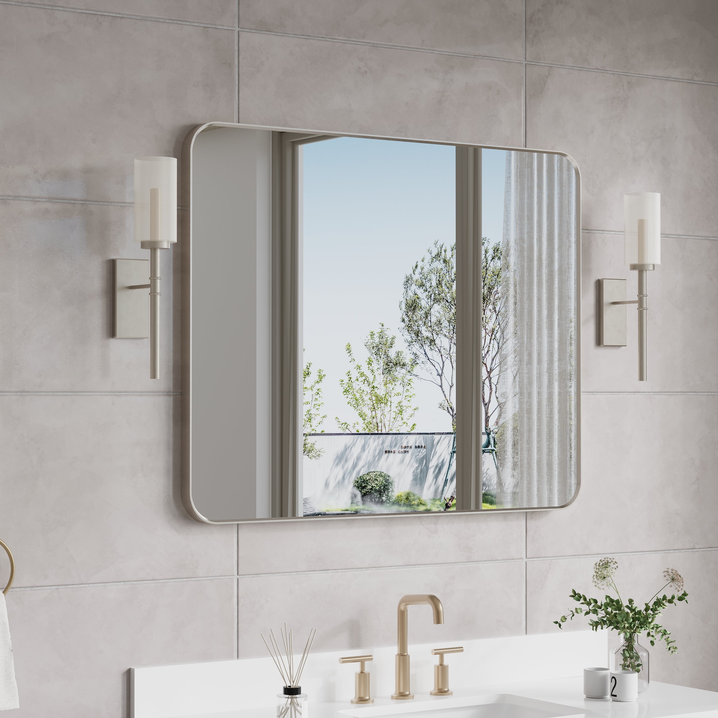 40-in W x 32-in H Brushed Nickel Rectangular Framed Bathroom Vanity Mirror