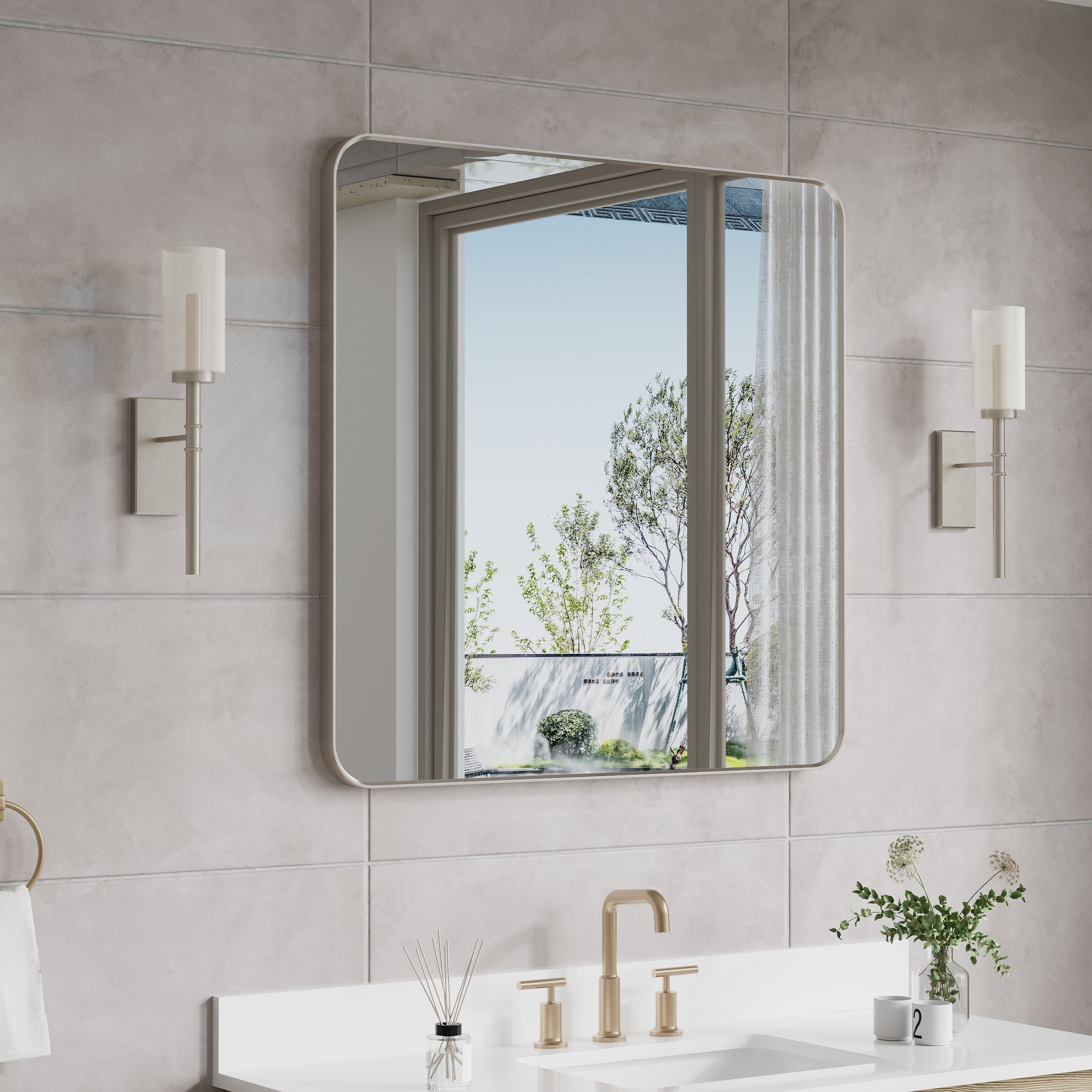 36-in W x 36-in H Brushed Nickel Rectangular Framed Bathroom Vanity Mirror