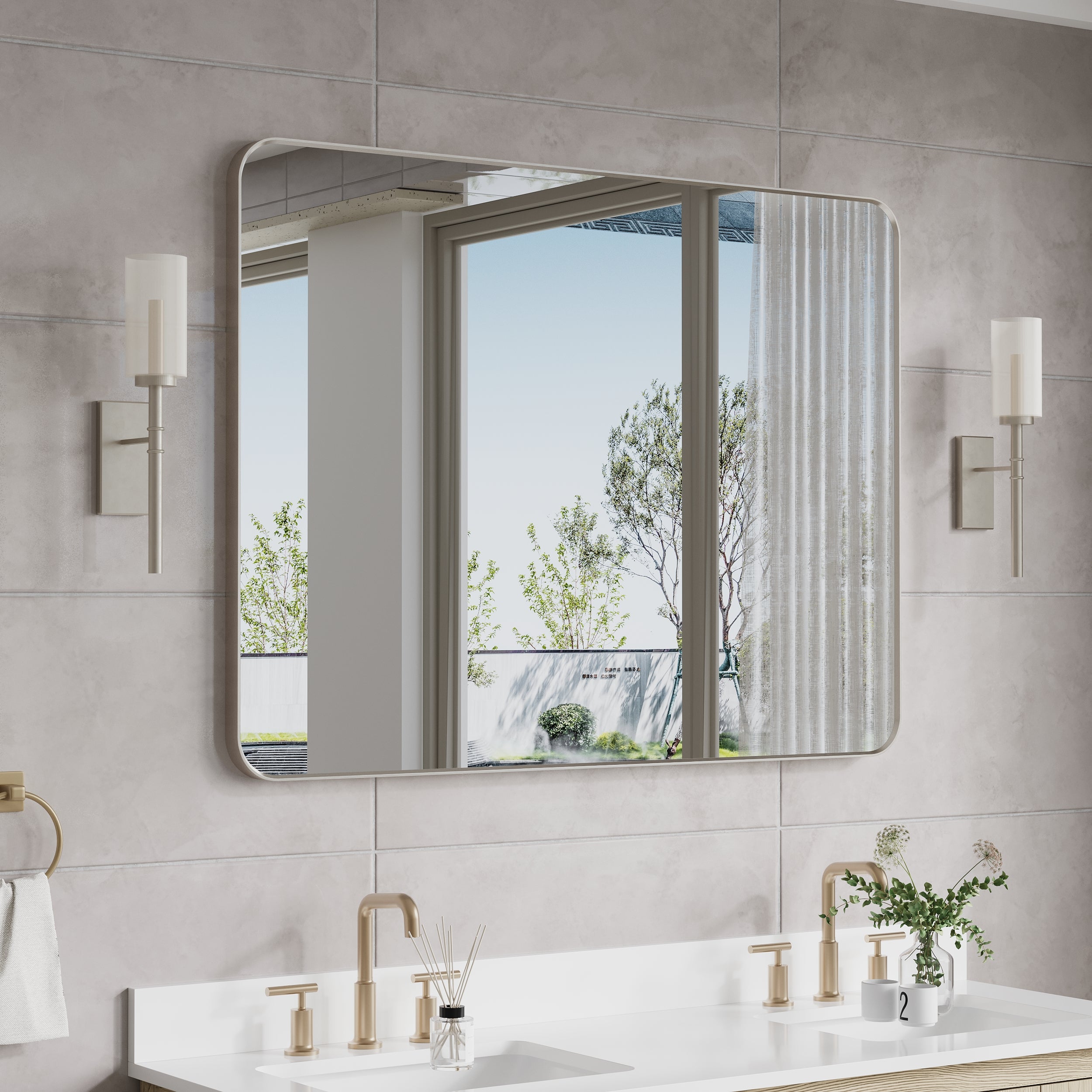 48-in W x 36-in H Brushed Nickel Rectangular Framed Bathroom Vanity Mirror