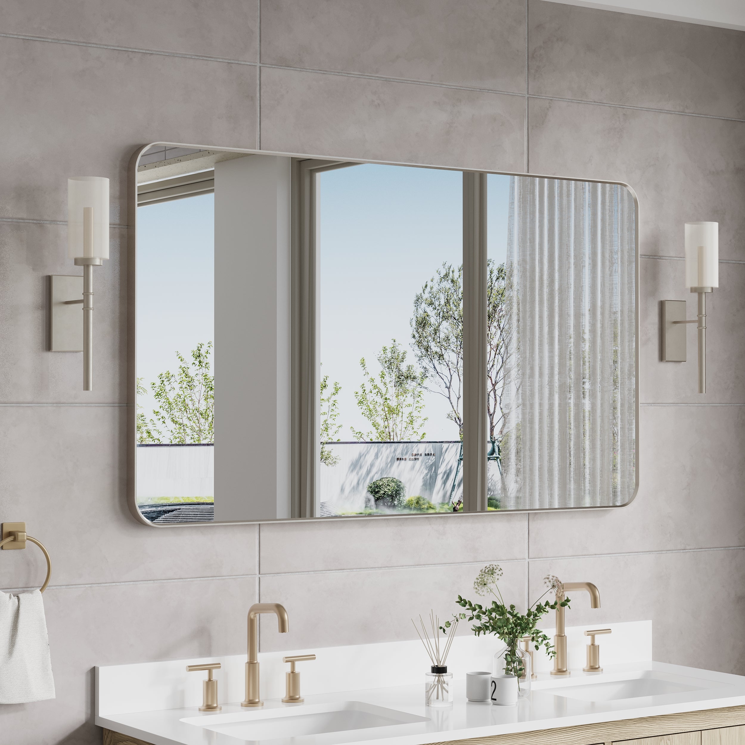 55-in W x 32-in H Brushed Nickel Rectangular Framed Bathroom Vanity Mirror
