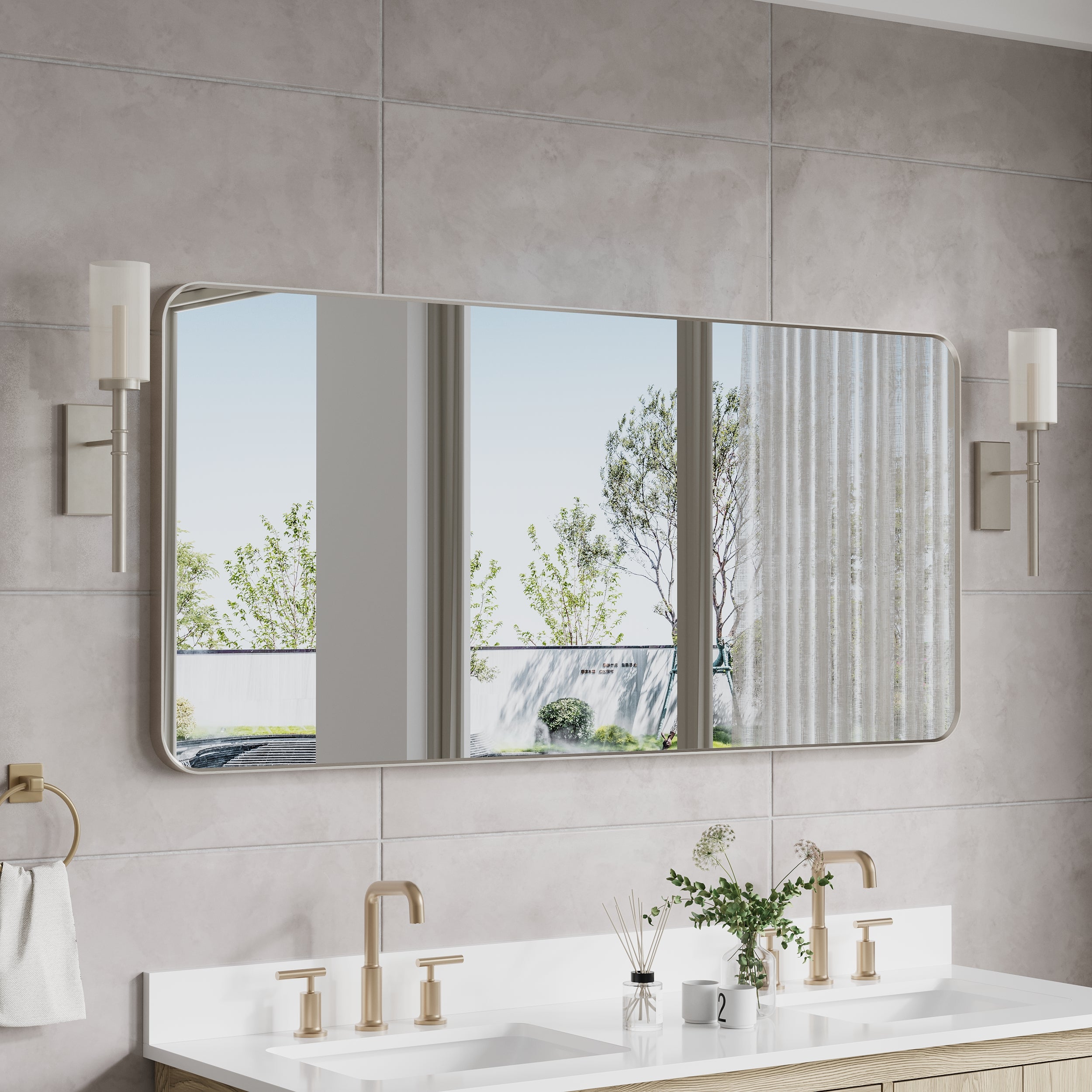 60-in W x 28-in H Brushed Nickel Rectangular Framed Bathroom Vanity Mirror
