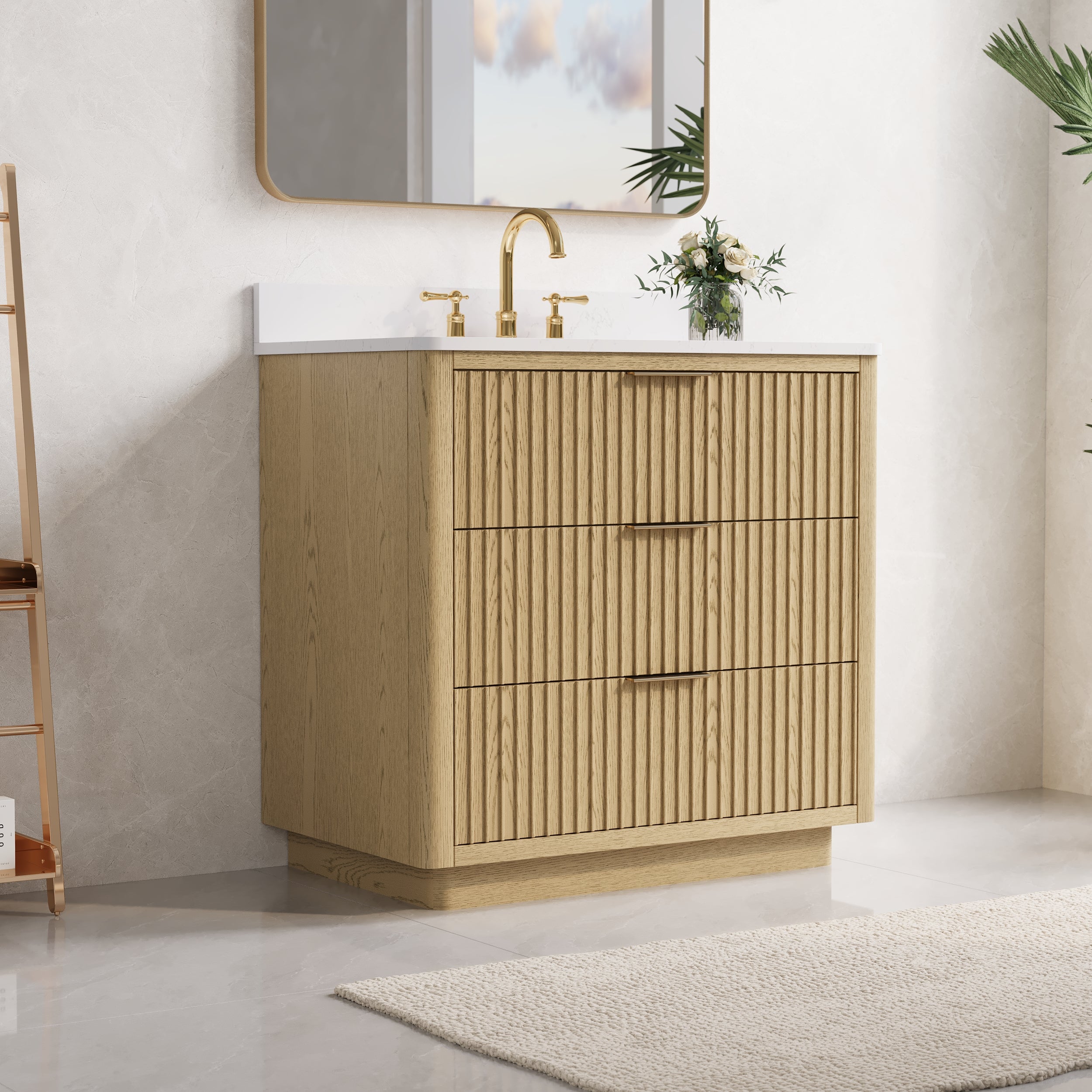 36 in. Oak Freestanding Solid Wood Bathroom Vanity with Carrara White Quartz Countertop