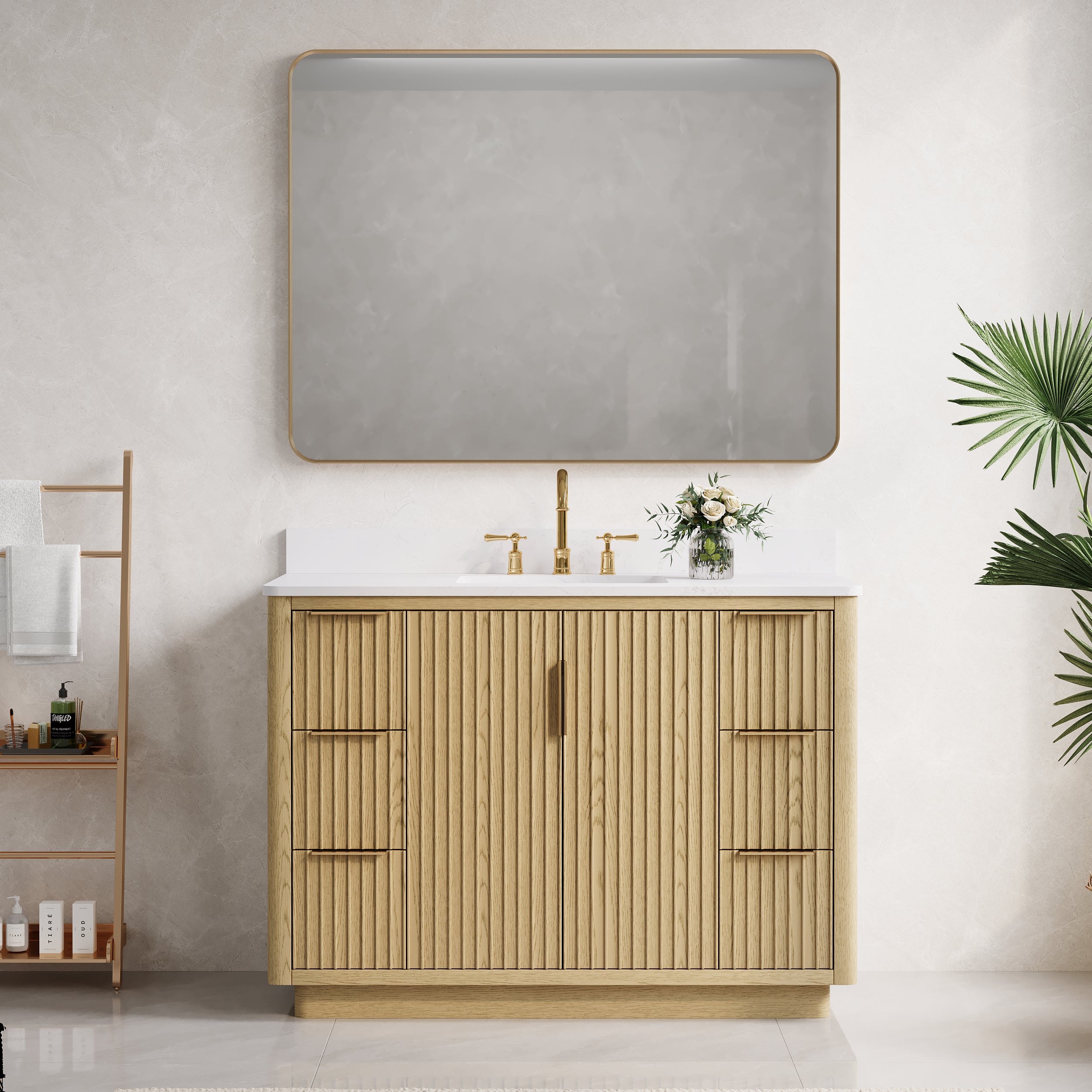 48 in. Oak Freestanding Solid Wood Bathroom Vanity with Carrara White Quartz Countertop