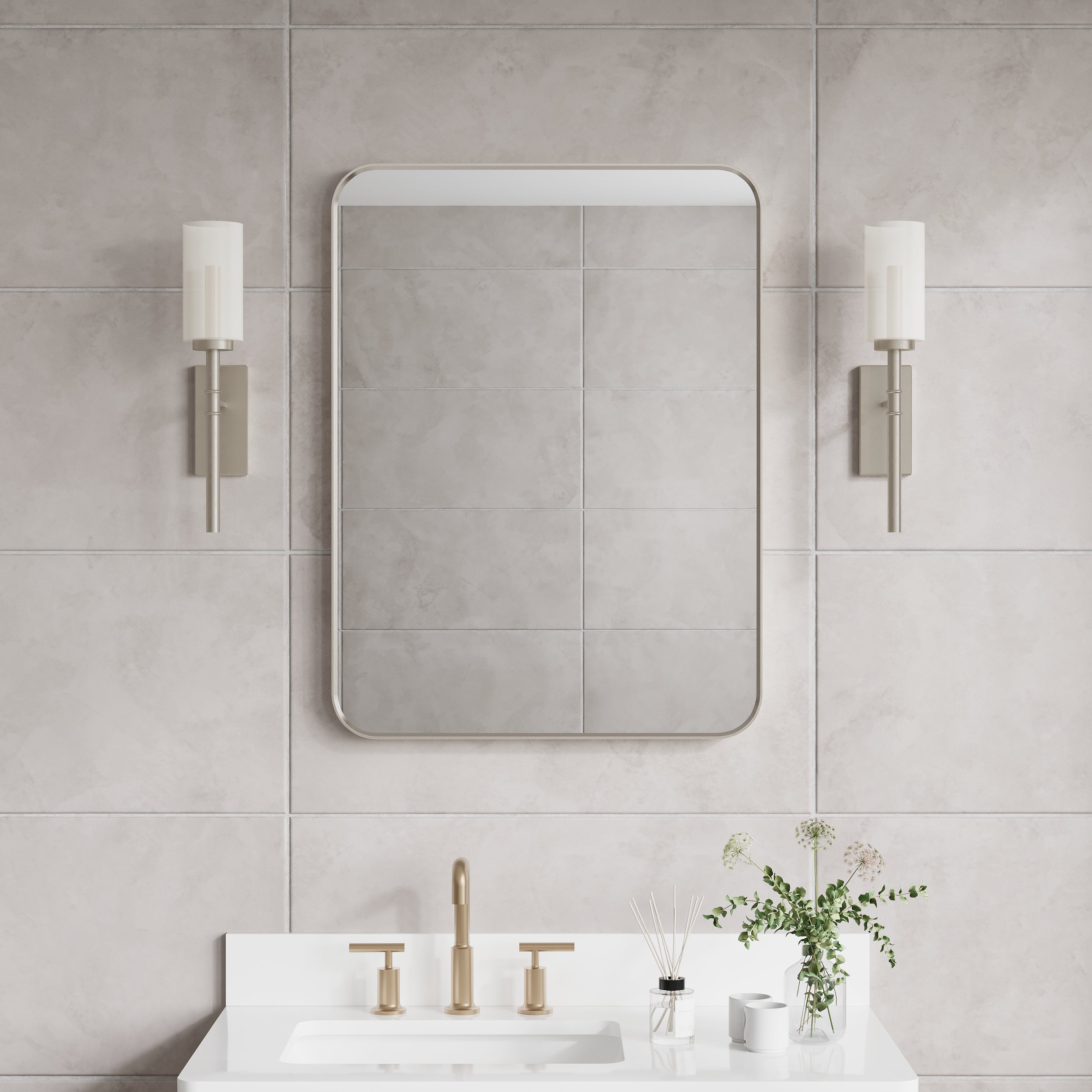 24-in W x 32-in H Brushed Nickel Rectangular Framed Bathroom Vanity Mirror