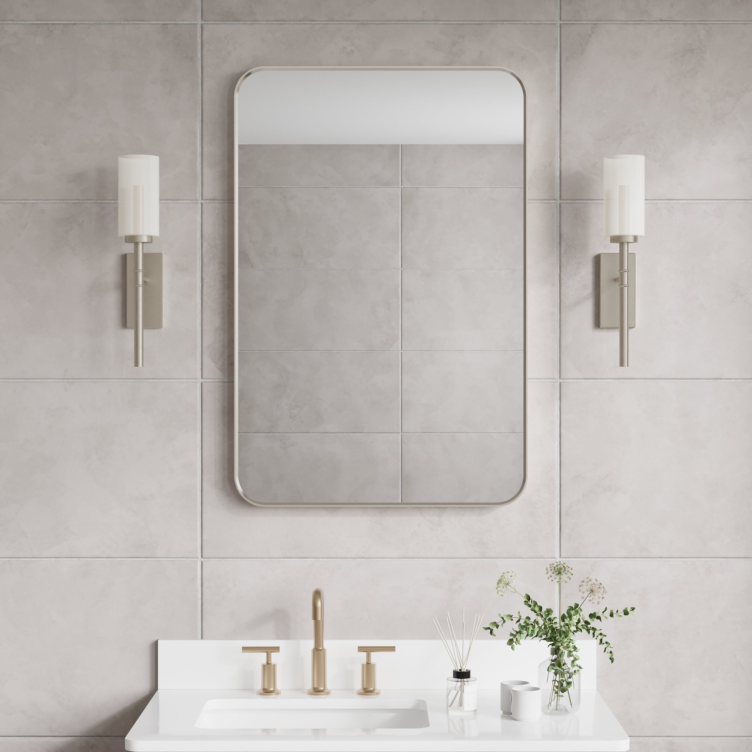 24-in W x 36-in H Brushed Nickel Rectangular Framed Bathroom Vanity Mirror