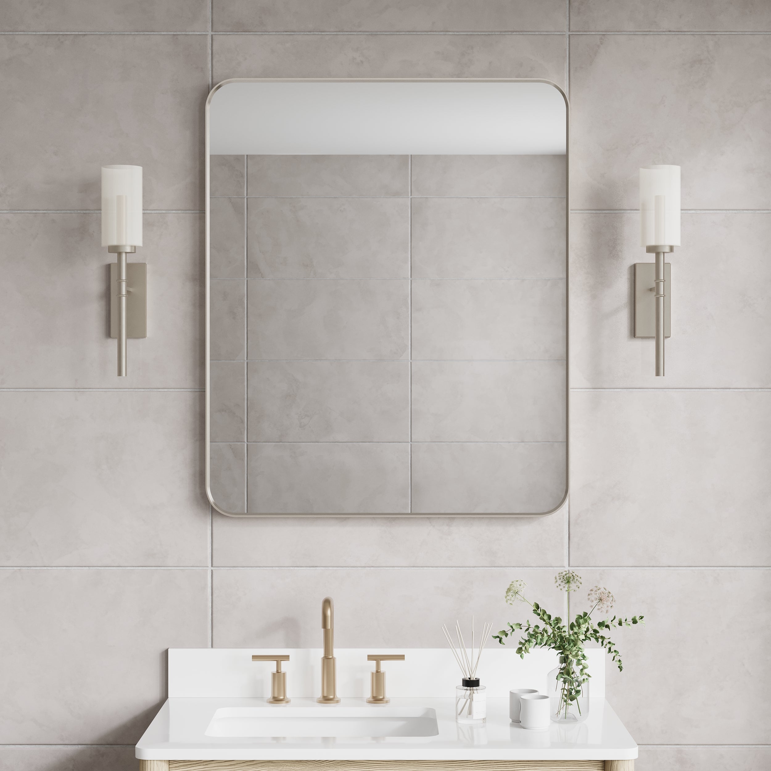 30-in W x 36-in H Brushed Nickel Rectangular Framed Bathroom Vanity Mirror