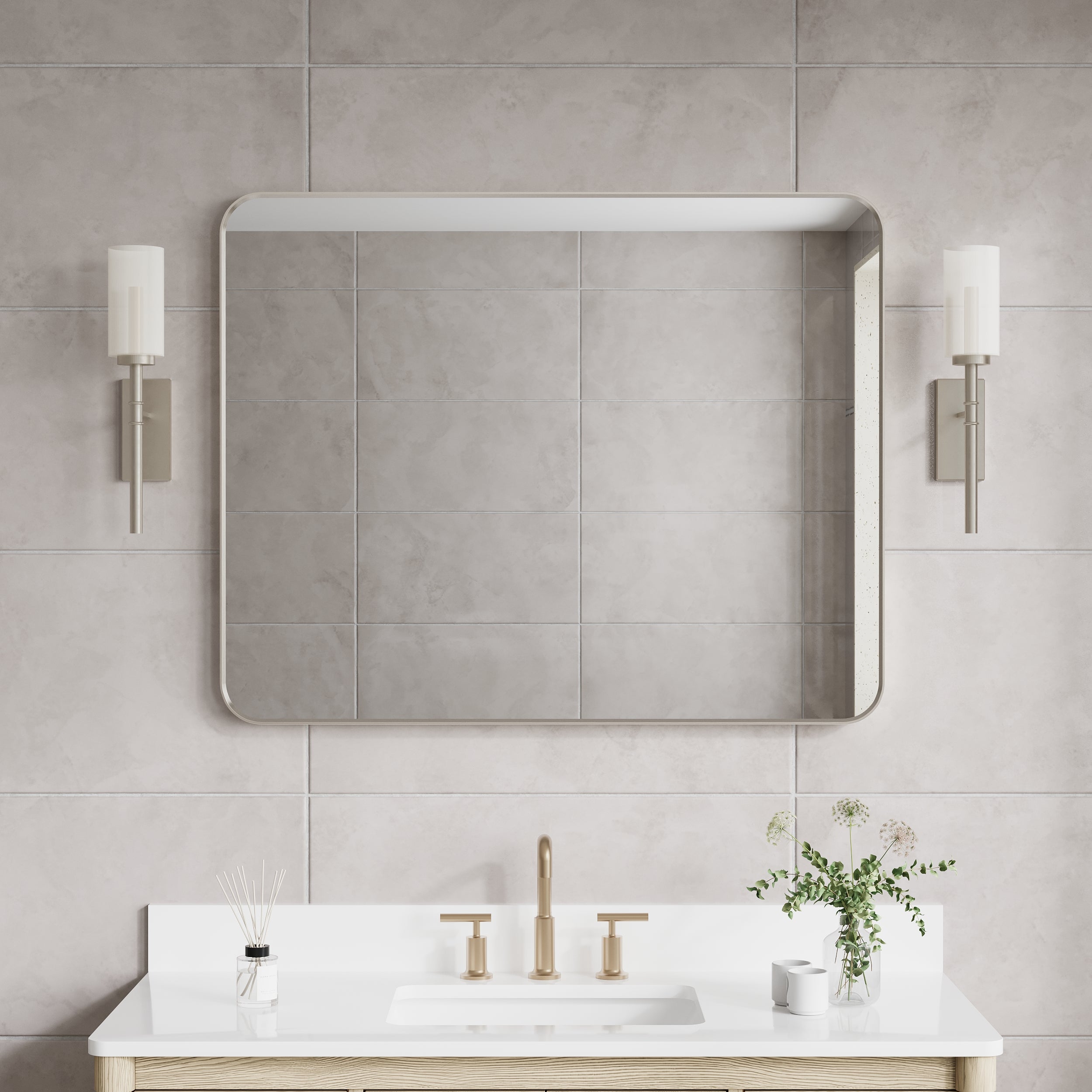 40-in W x 32-in H Brushed Nickel Rectangular Framed Bathroom Vanity Mirror