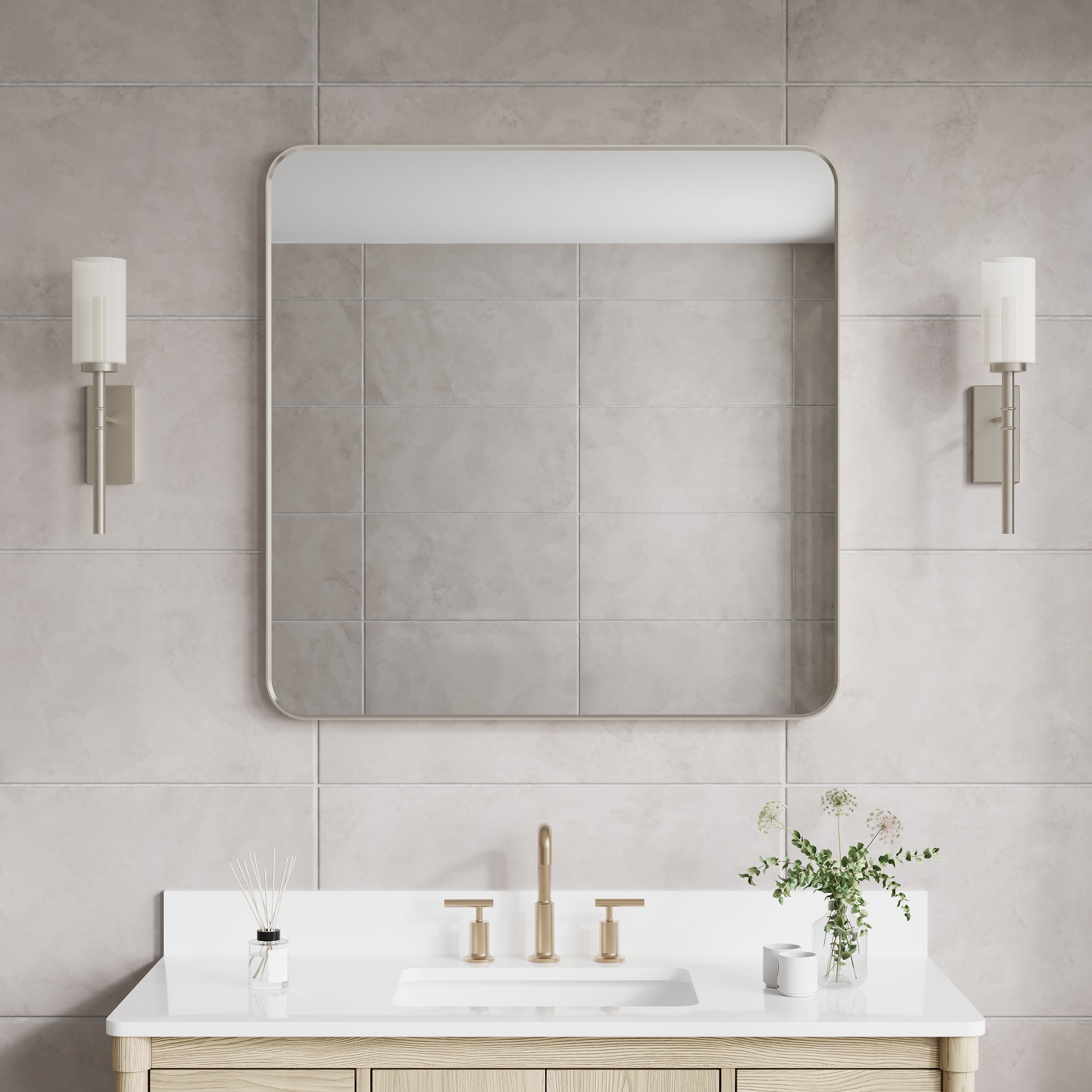 36-in W x 36-in H Brushed Nickel Rectangular Framed Bathroom Vanity Mirror