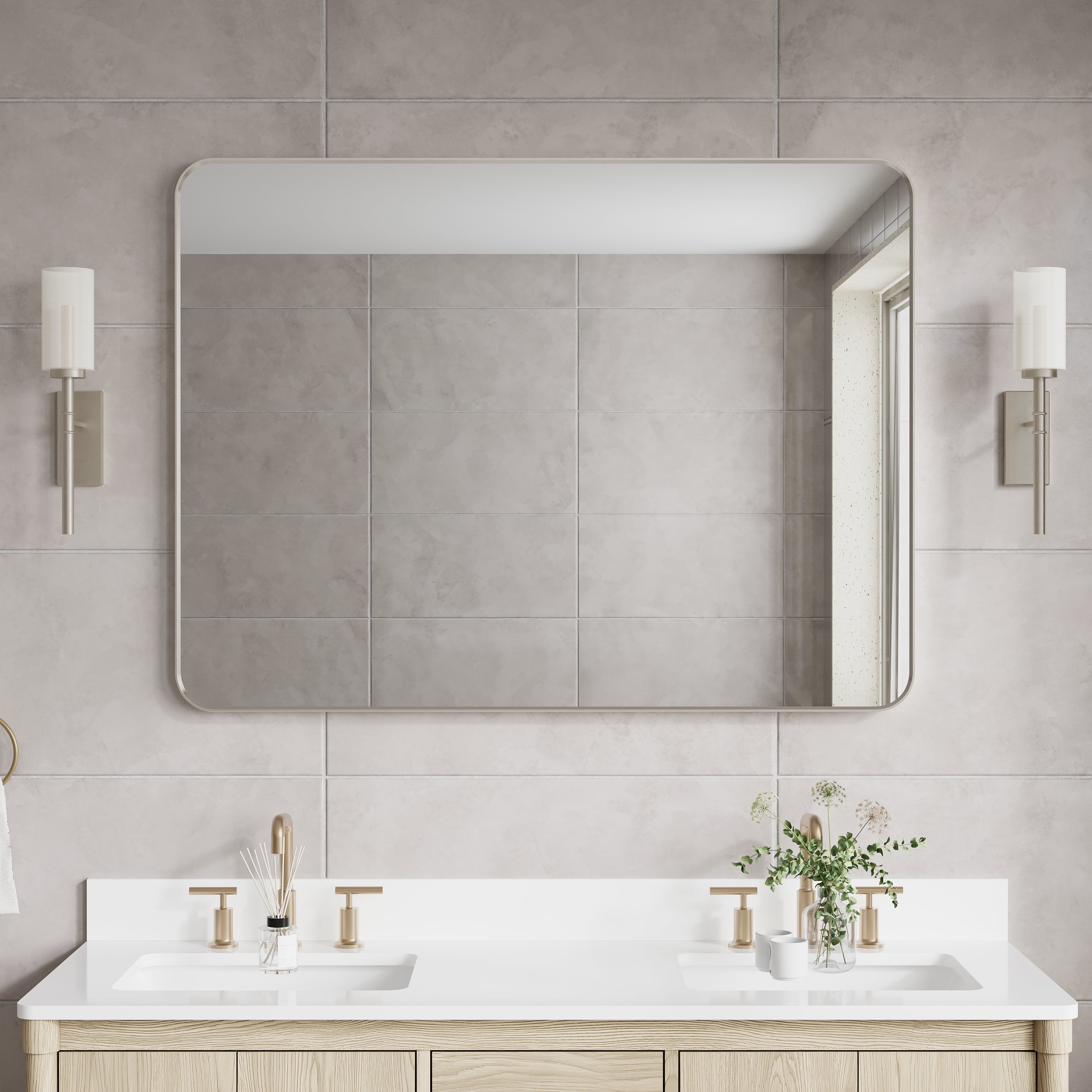 48-in W x 36-in H Brushed Nickel Rectangular Framed Bathroom Vanity Mirror