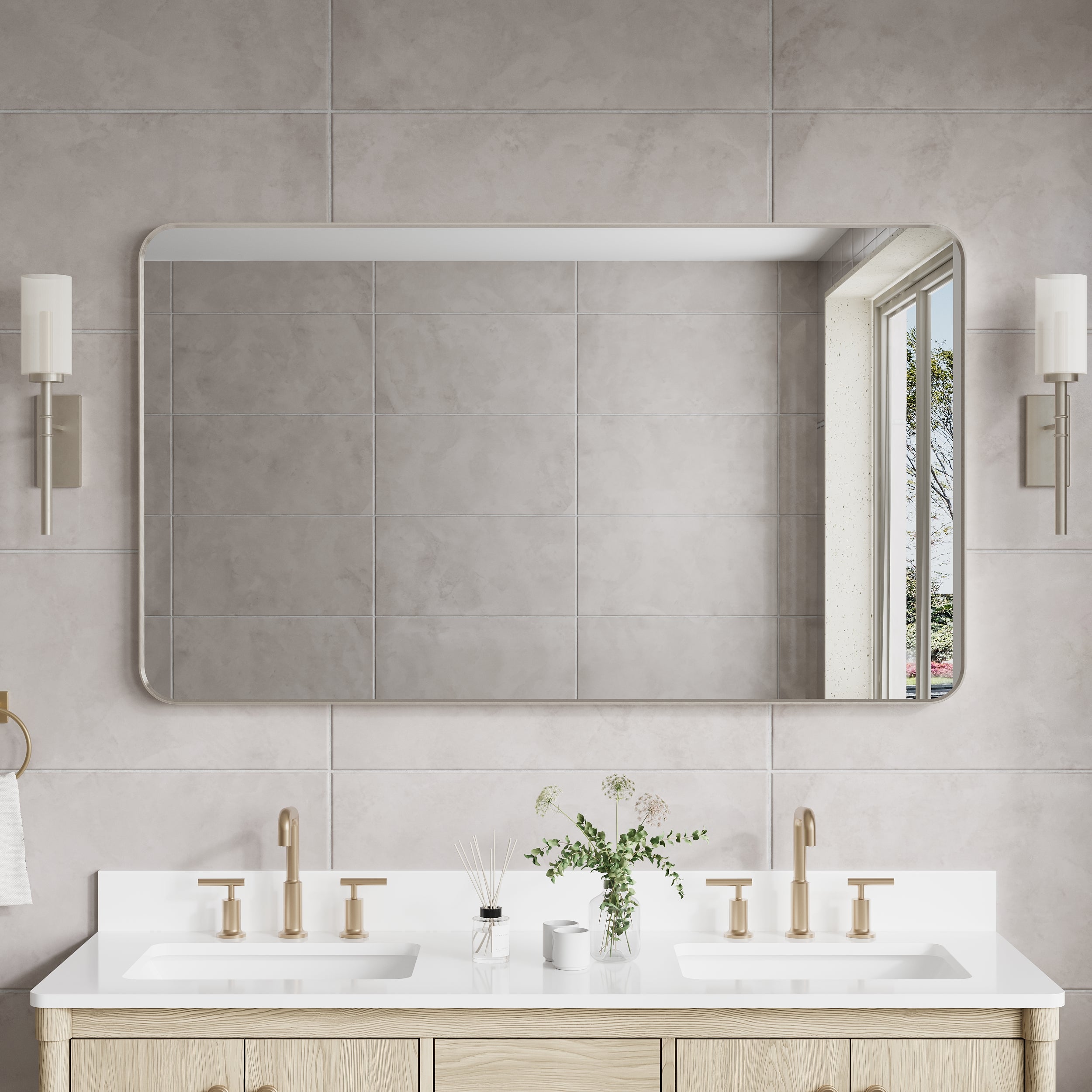 55-in W x 32-in H Brushed Nickel Rectangular Framed Bathroom Vanity Mirror