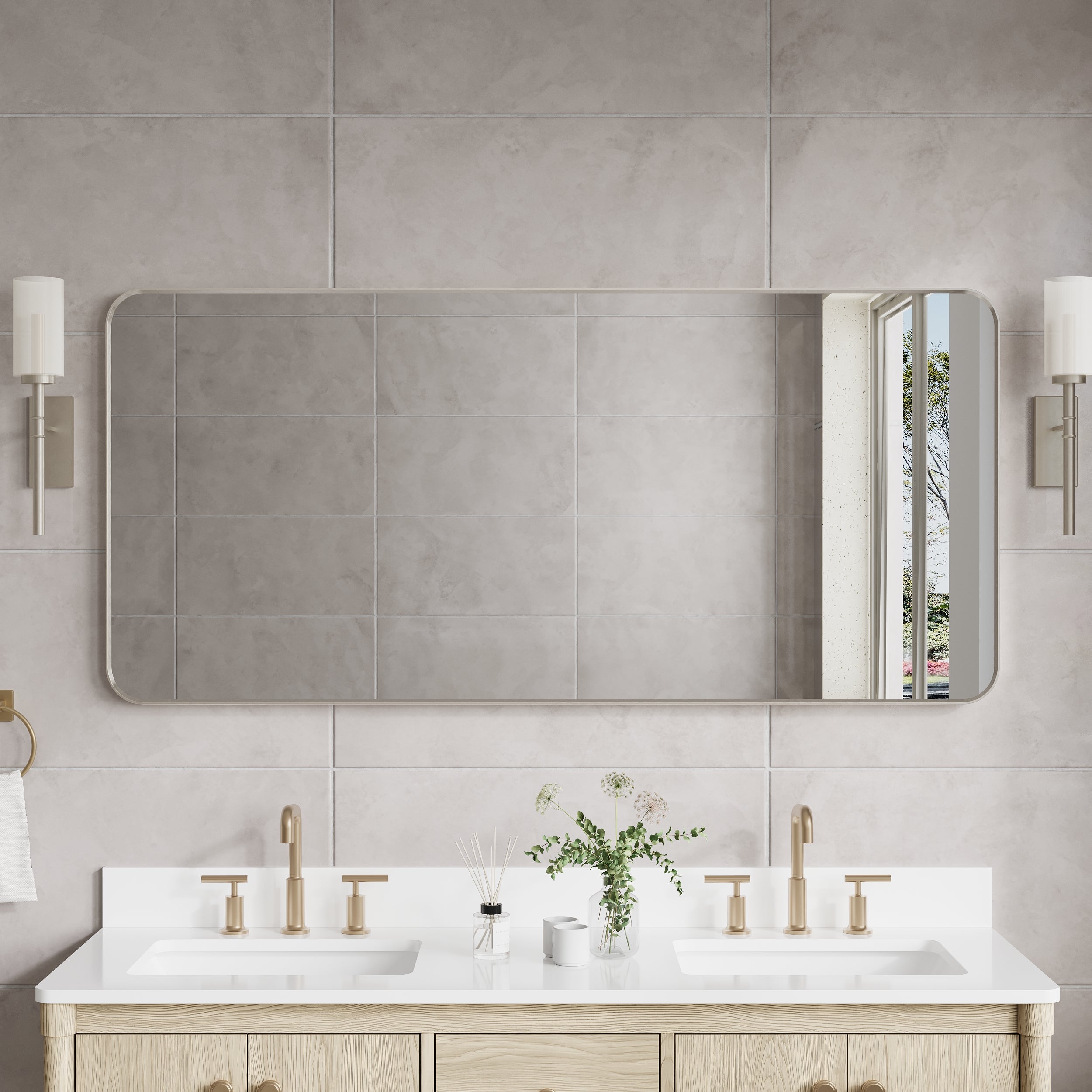 60-in W x 28-in H Brushed Nickel Rectangular Framed Bathroom Vanity Mirror