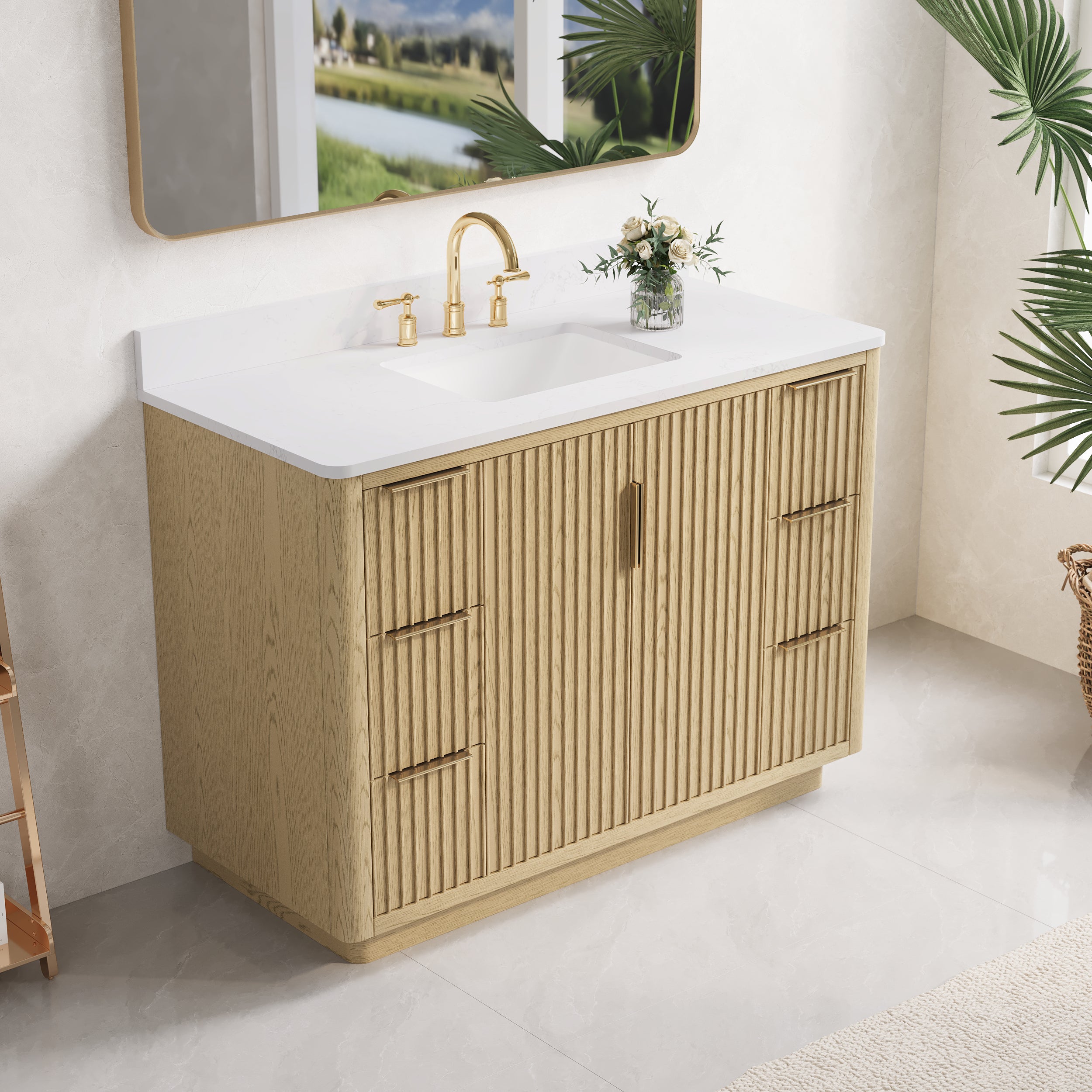48 in. Oak Freestanding Solid Wood Bathroom Vanity with Carrara White Quartz Countertop