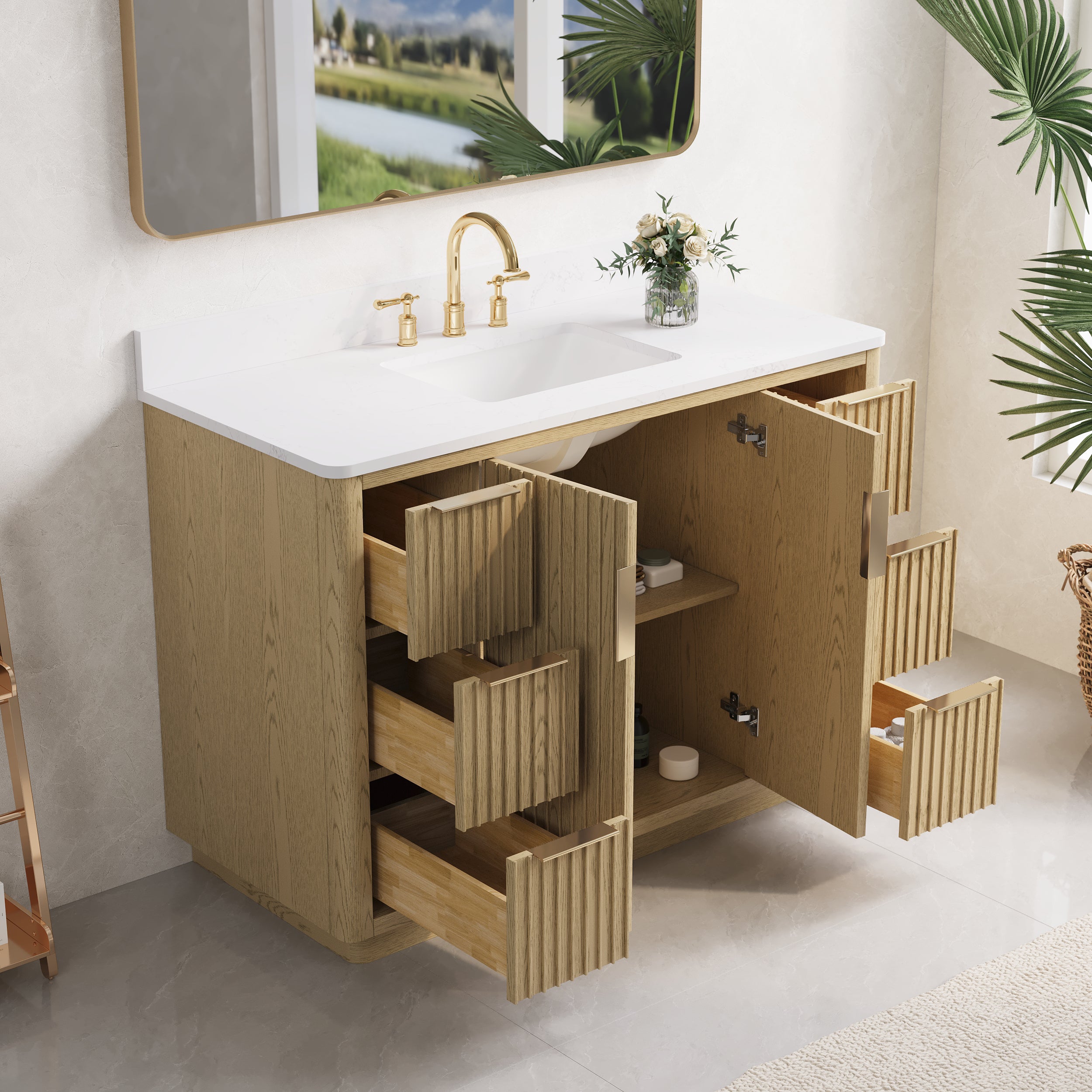 48 in. Oak Freestanding Solid Wood Bathroom Vanity with Carrara White Quartz Countertop