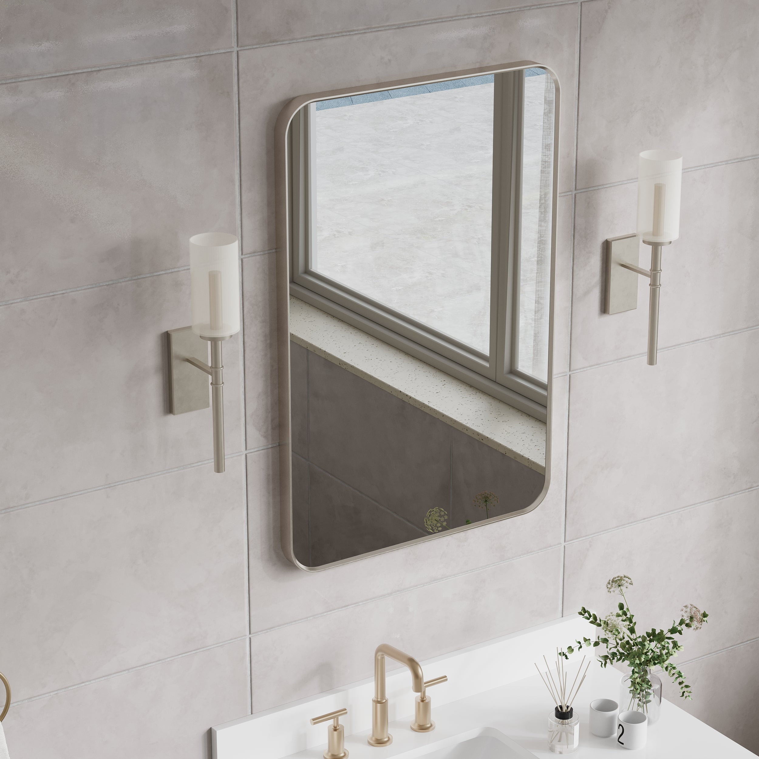 24-in W x 36-in H Brushed Nickel Rectangular Framed Bathroom Vanity Mirror