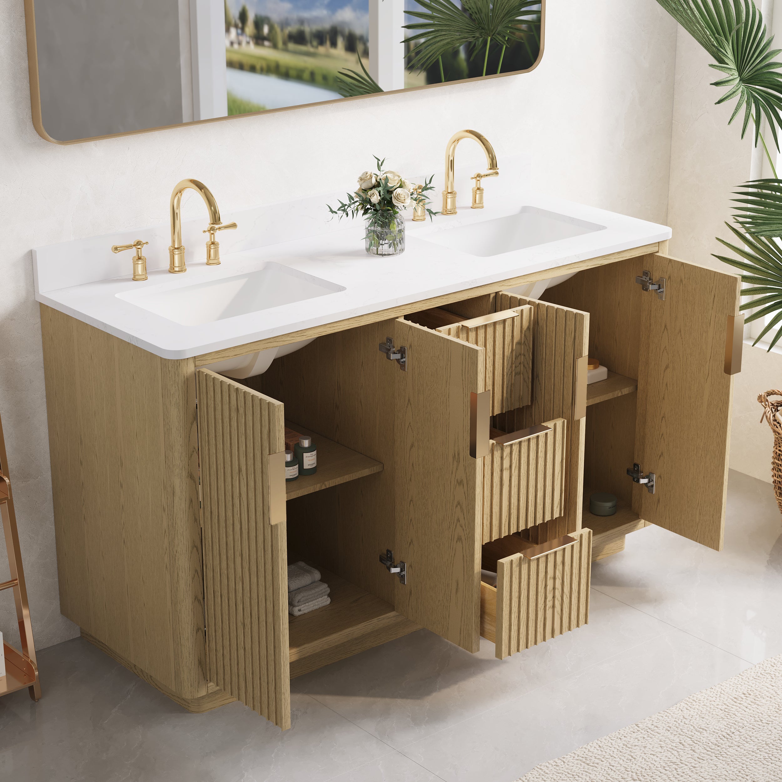 60 in. Oak Freestanding Solid Wood Bathroom Vanity with Carrara White Quartz Countertop