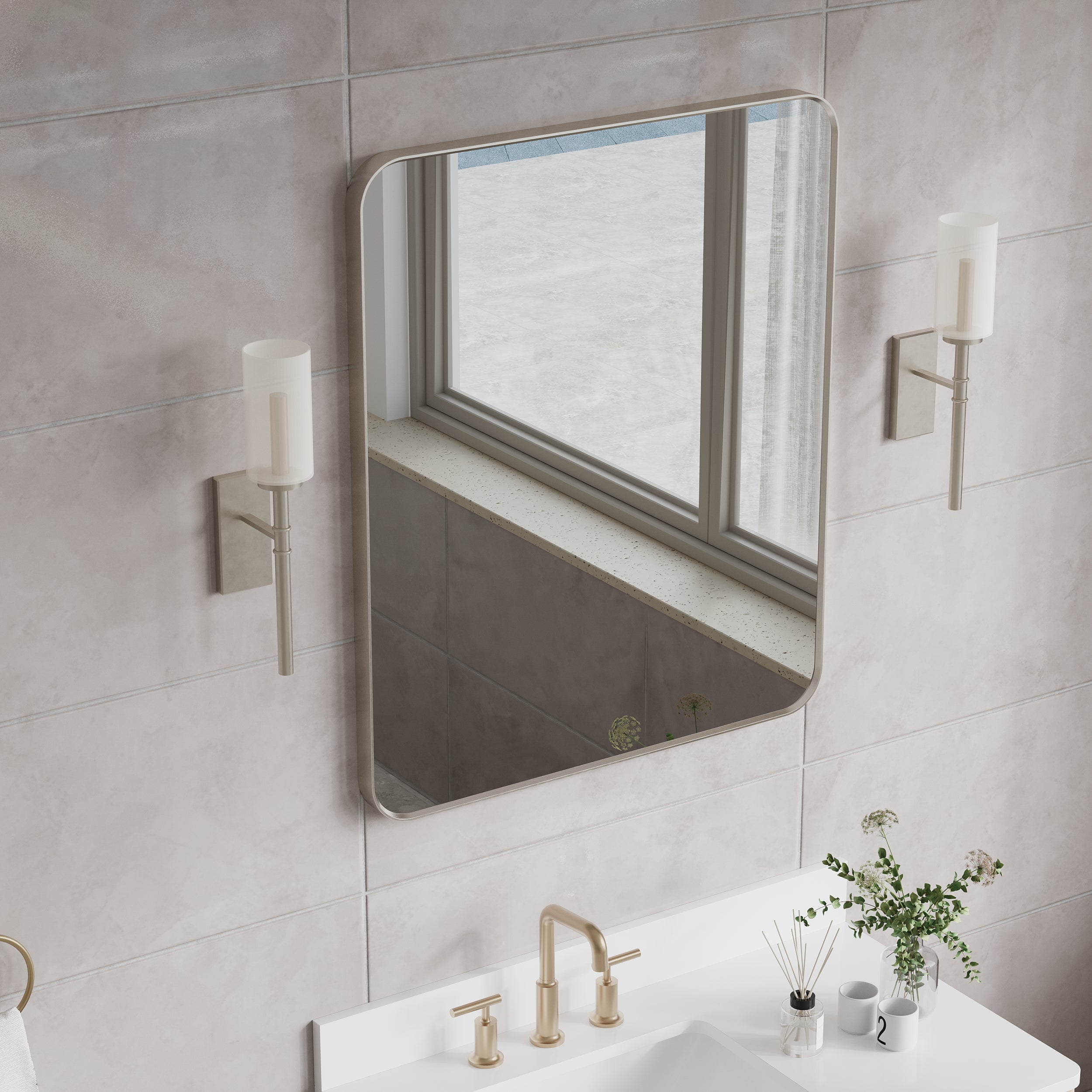 30-in W x 36-in H Brushed Nickel Rectangular Framed Bathroom Vanity Mirror