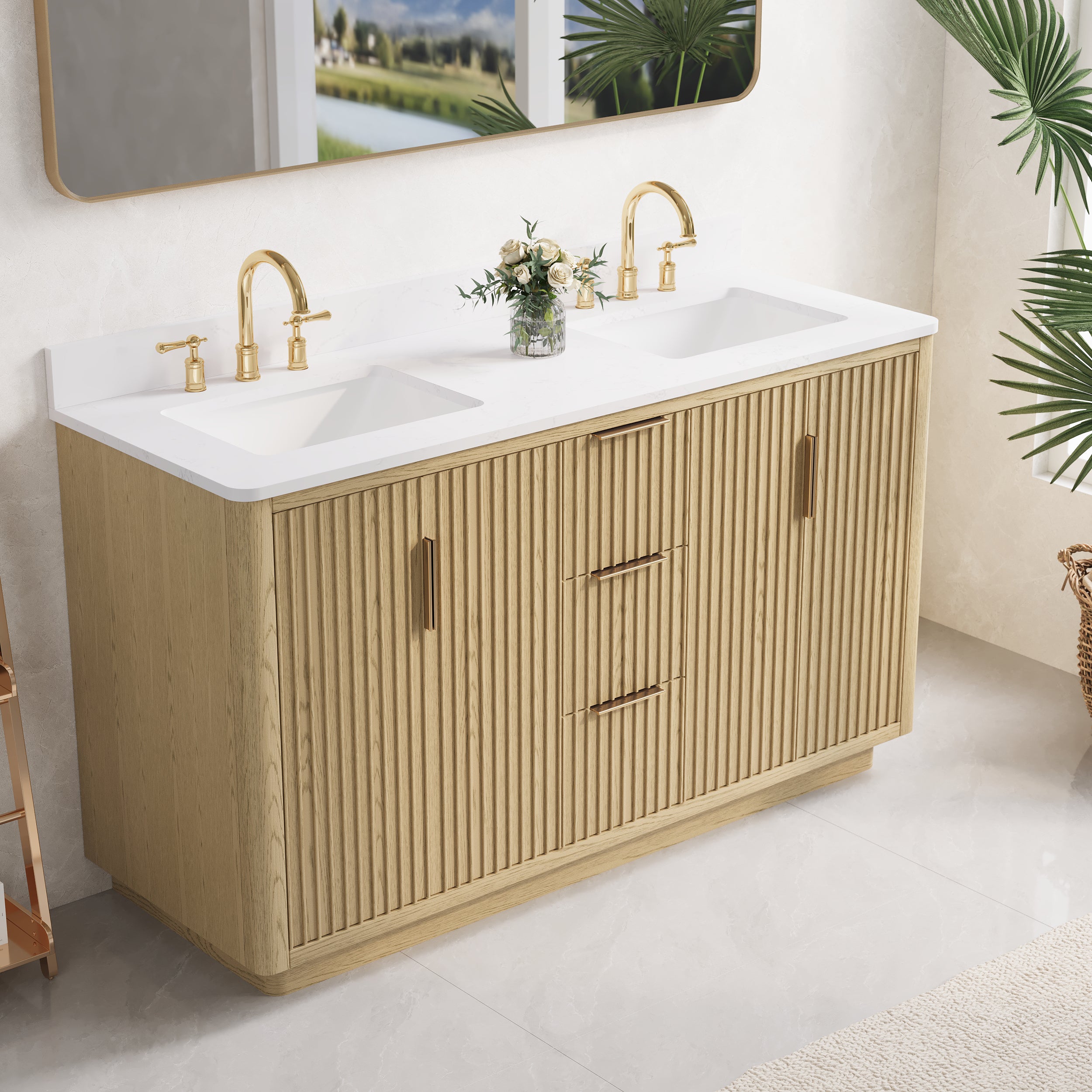 60 in. Oak Freestanding Solid Wood Bathroom Vanity with Carrara White Quartz Countertop
