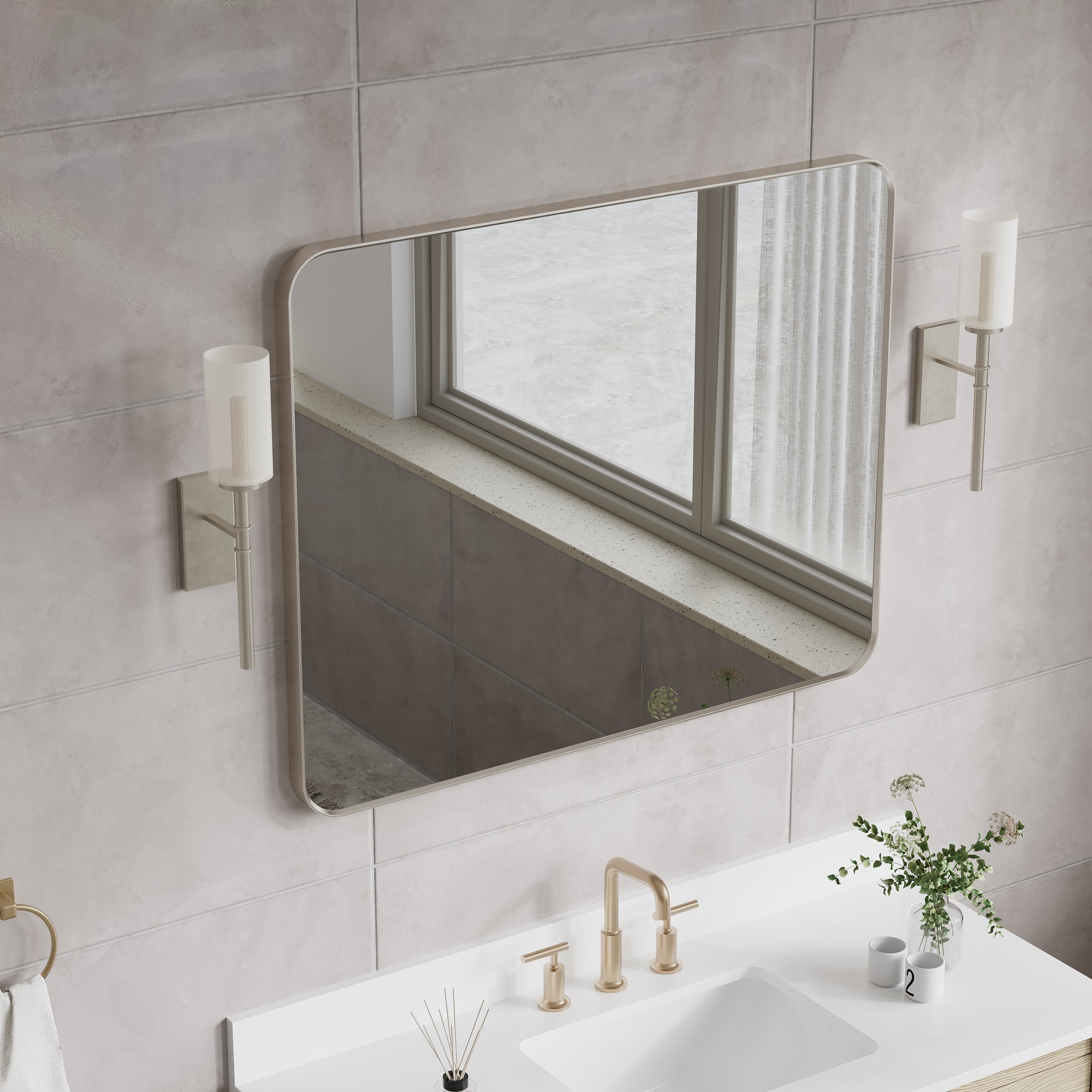 40-in W x 32-in H Brushed Nickel Rectangular Framed Bathroom Vanity Mirror