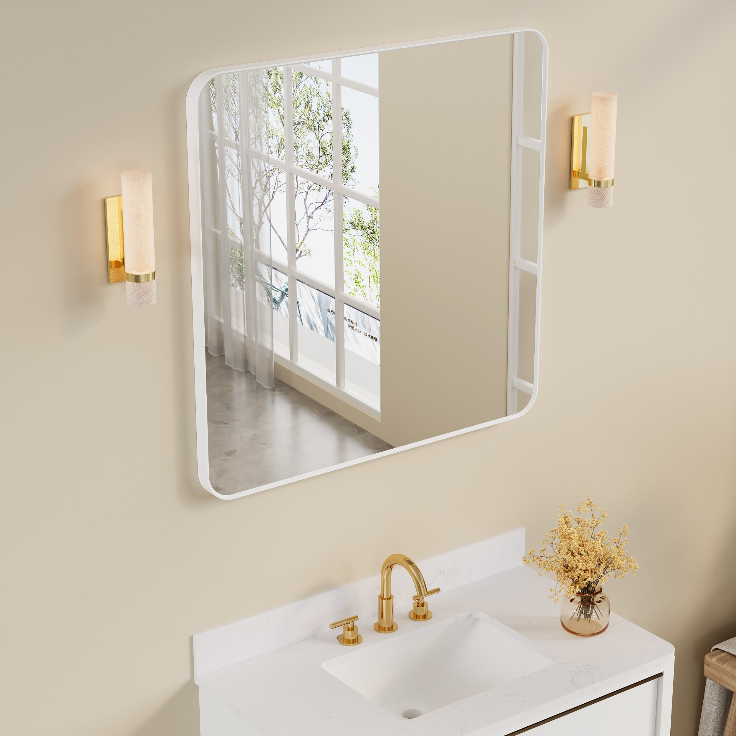 36-in W x 36-in H White Rectangular Framed Bathroom Vanity Mirror