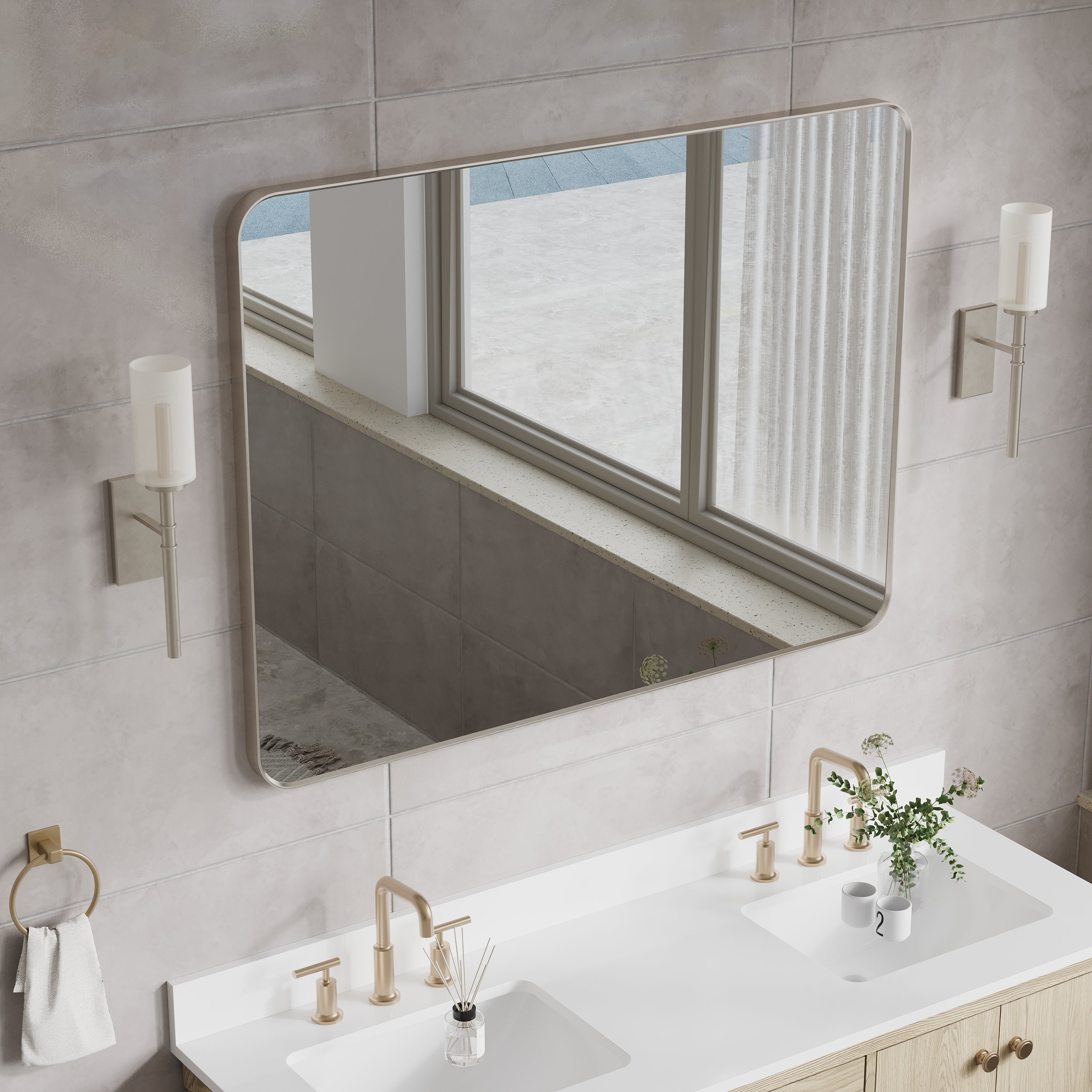 48-in W x 36-in H Brushed Nickel Rectangular Framed Bathroom Vanity Mirror