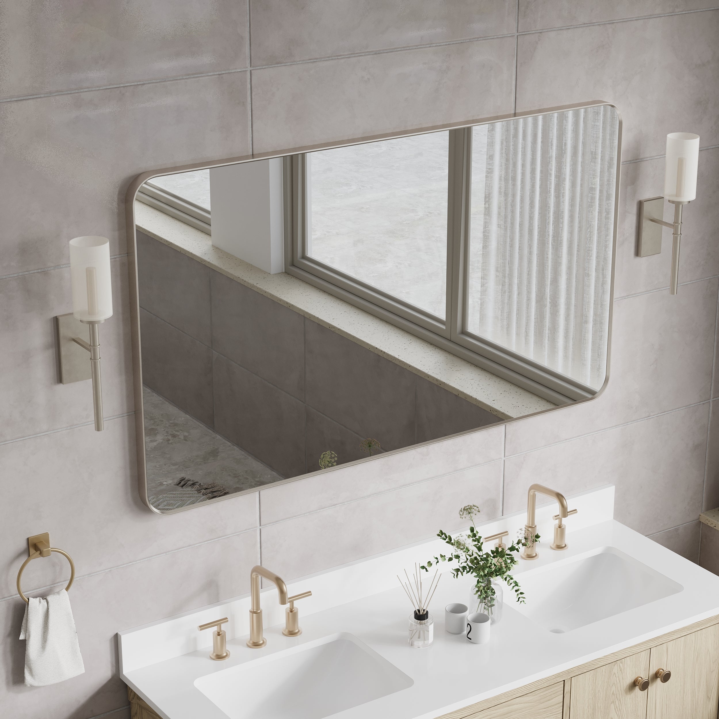 55-in W x 32-in H Brushed Nickel Rectangular Framed Bathroom Vanity Mirror