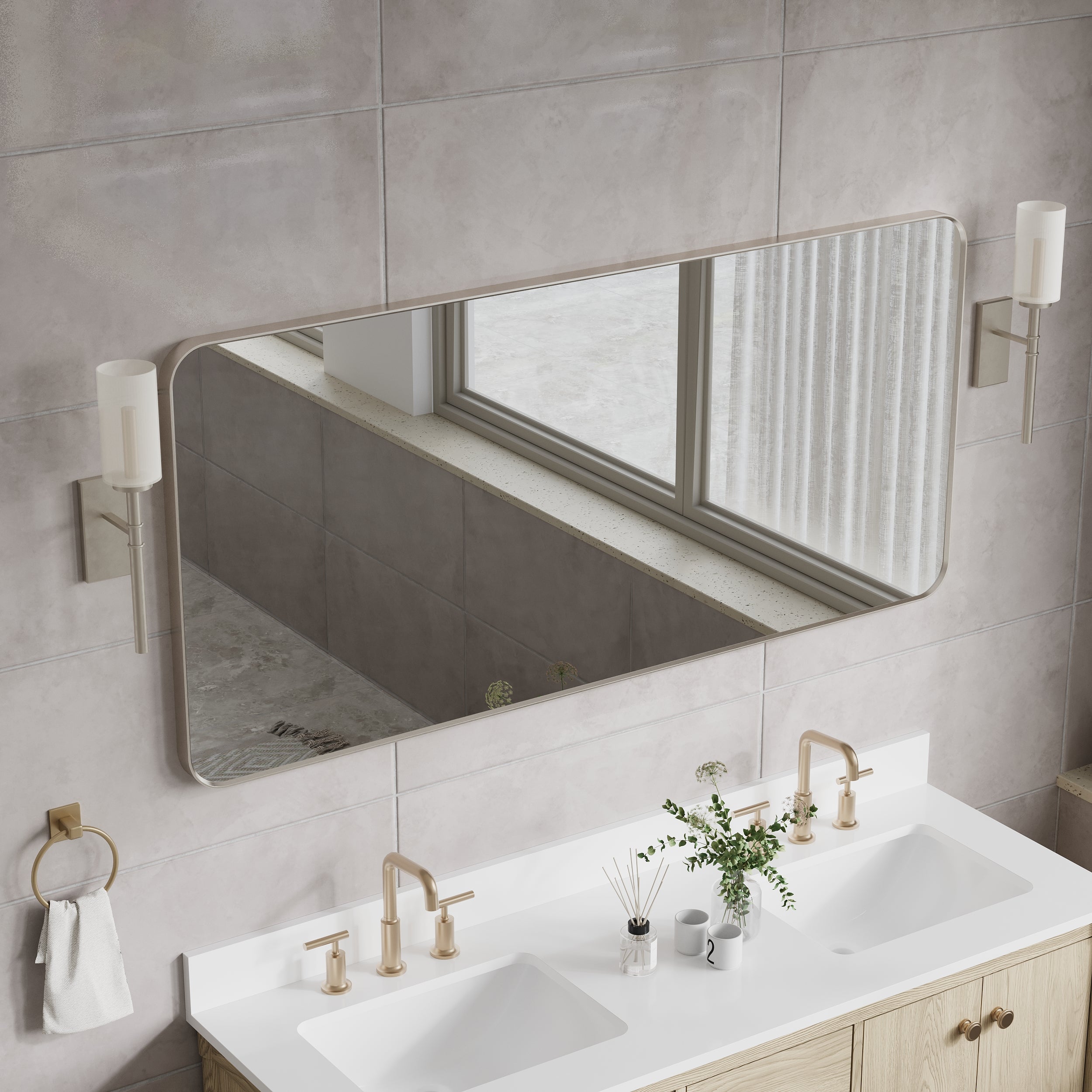 60-in W x 28-in H Brushed Nickel Rectangular Framed Bathroom Vanity Mirror