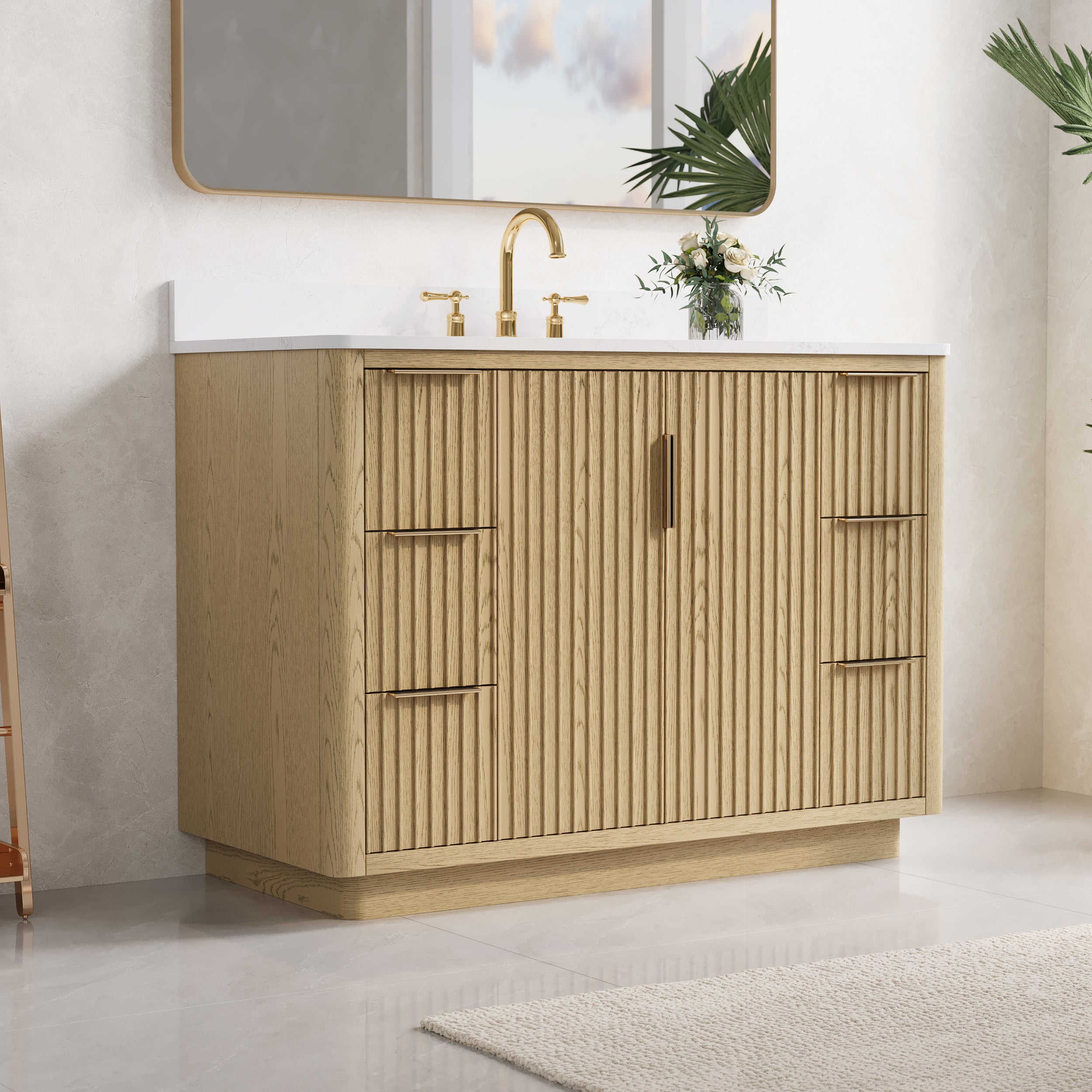 48 in. Oak Freestanding Solid Wood Bathroom Vanity with Carrara White Quartz Countertop