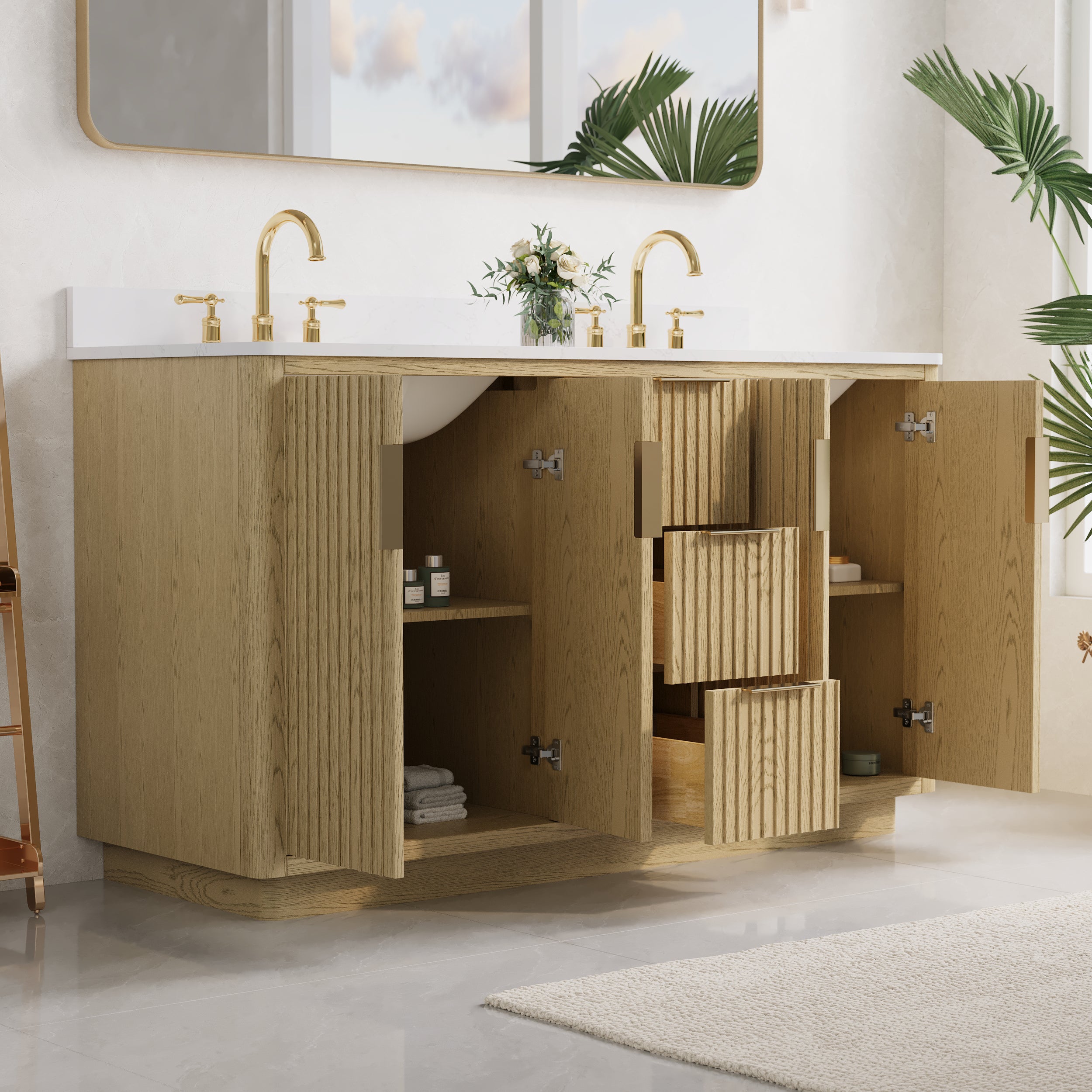 60 in. Oak Freestanding Solid Wood Bathroom Vanity with Carrara White Quartz Countertop