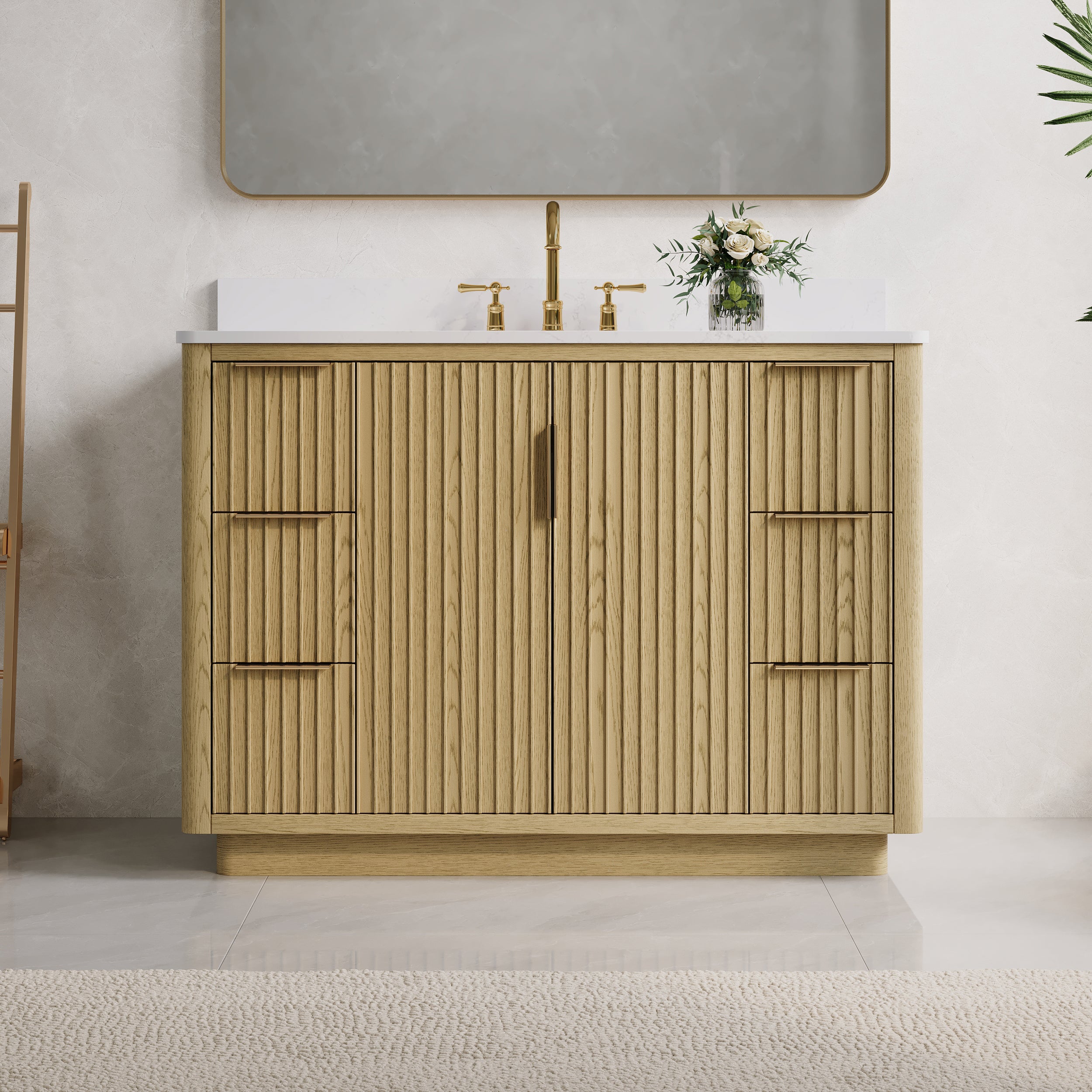 48 in. Oak Freestanding Solid Wood Bathroom Vanity with Carrara White Quartz Countertop