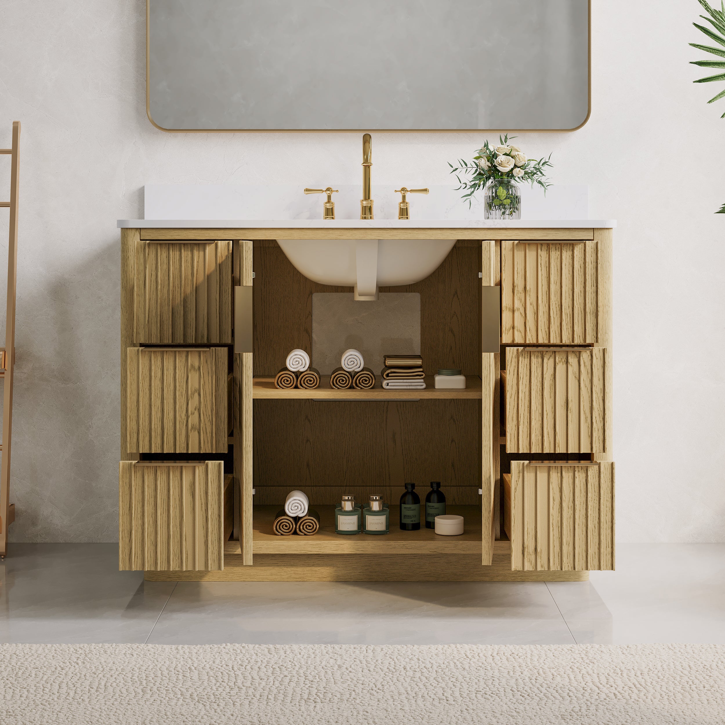 48 in. Oak Freestanding Solid Wood Bathroom Vanity with Carrara White Quartz Countertop