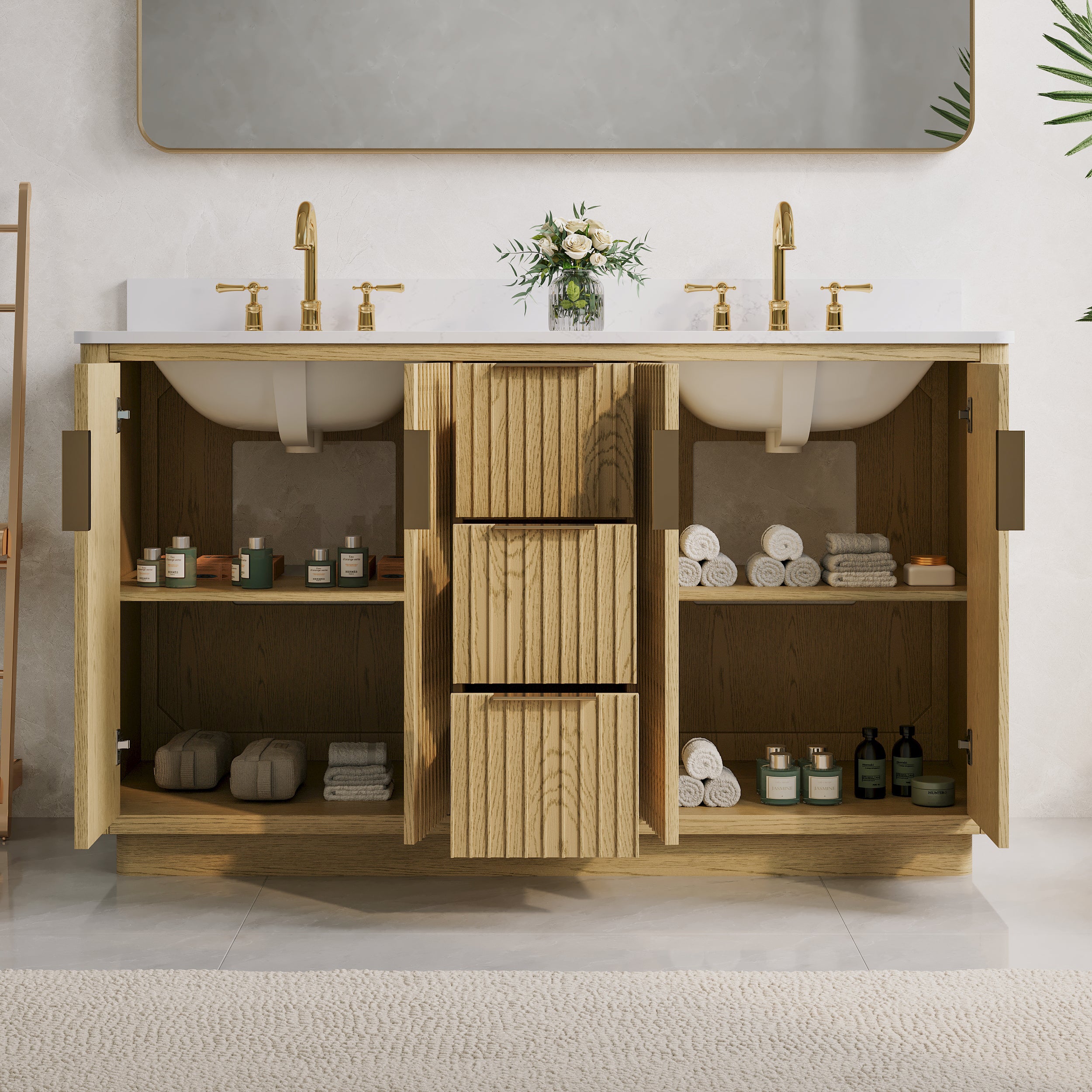 60 in. Oak Freestanding Solid Wood Bathroom Vanity with Carrara White Quartz Countertop