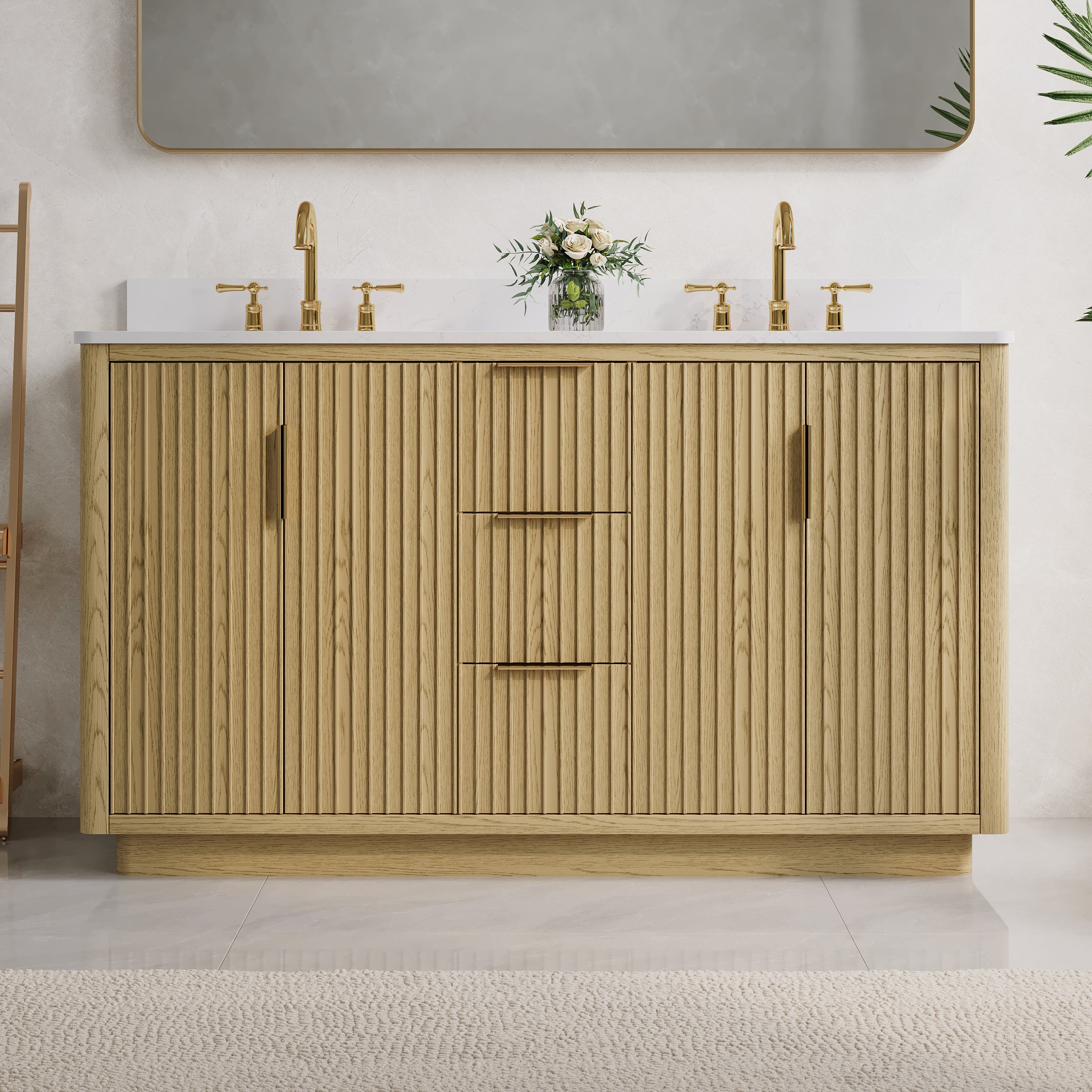 60 in. Oak Freestanding Solid Wood Bathroom Vanity with Carrara White Quartz Countertop