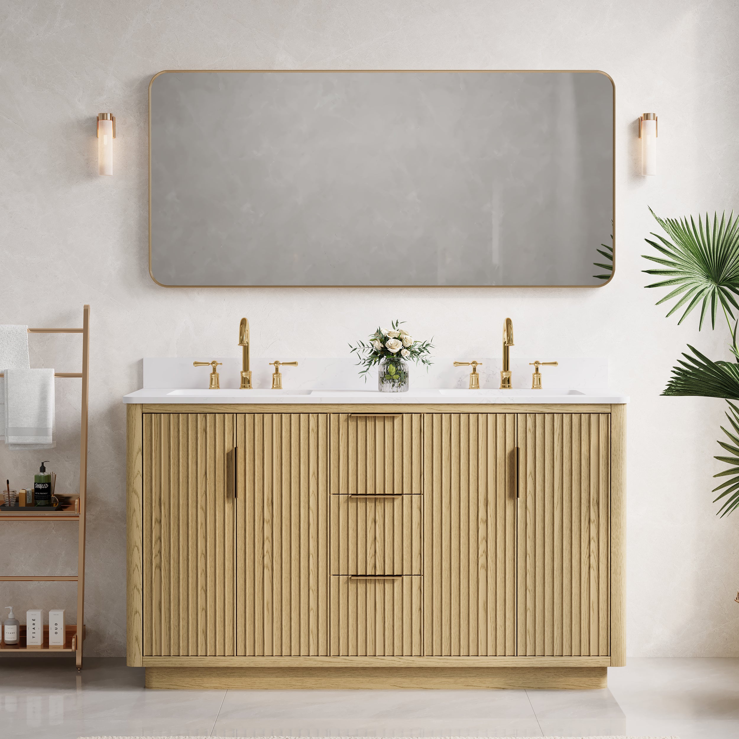 60 in. Oak Freestanding Solid Wood Bathroom Vanity with Carrara White Quartz Countertop